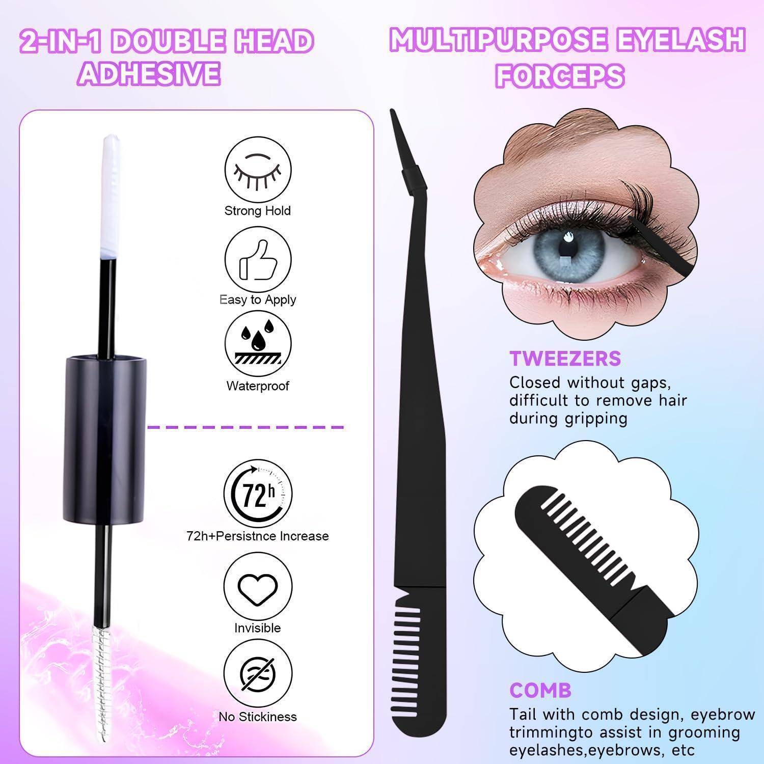 Wimpern Cluster Set 280 Stück, 30D DIY Wimpern Extensions 8-16mm Mischlängen mit Doppelend-Kleber & Pinzette, Wasserdicht, Hält über 72H, Wiederve