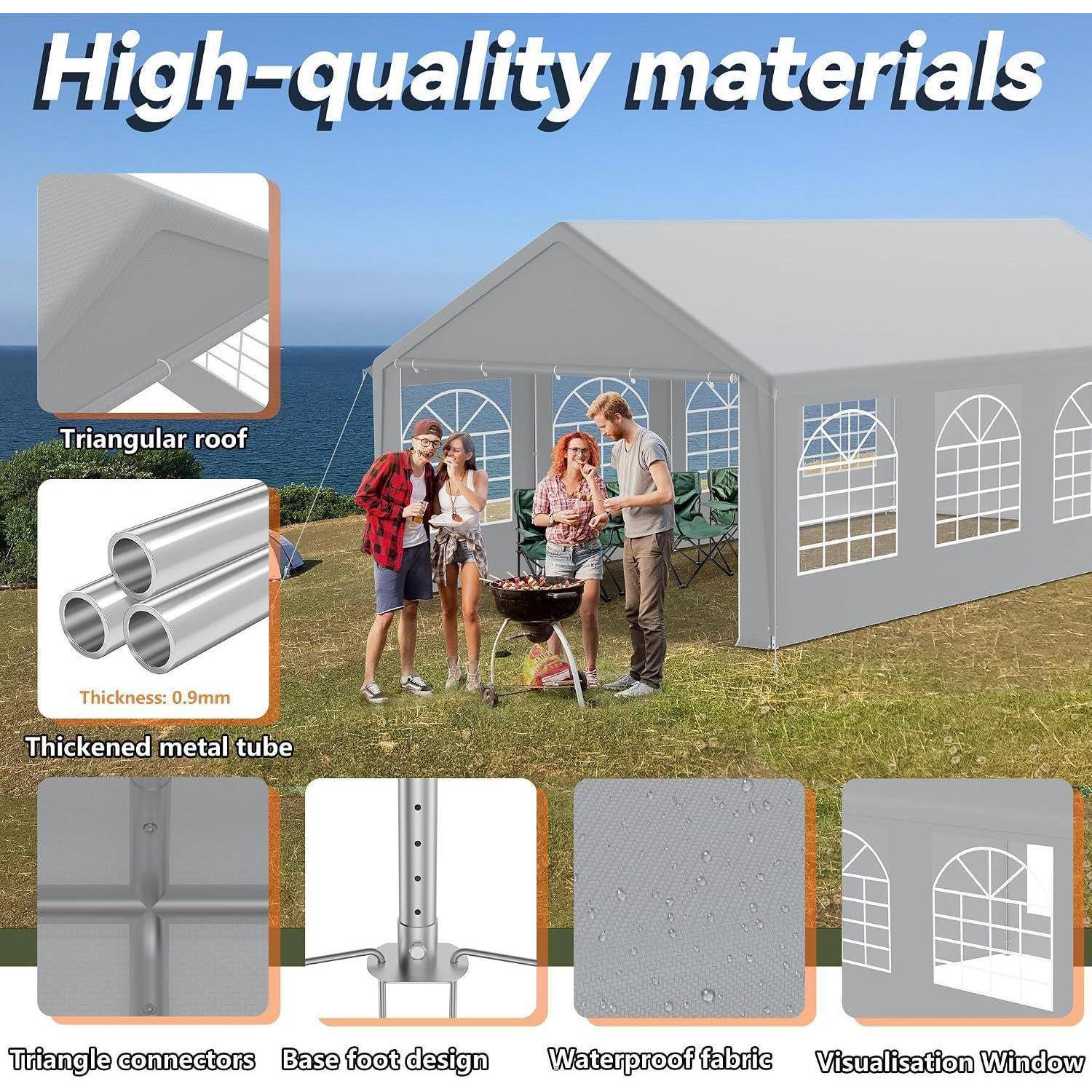 Werbebild eines grauen Outdoor-Partyzelte am Meer mit eingeblendeten Bildern, die das dreieckige Dach, das verdickte Metallrohr, dreieckige Verbinder, das Fußdesign der Basis, den wasserdichten Stoff und das Fensterdesign zeigen.