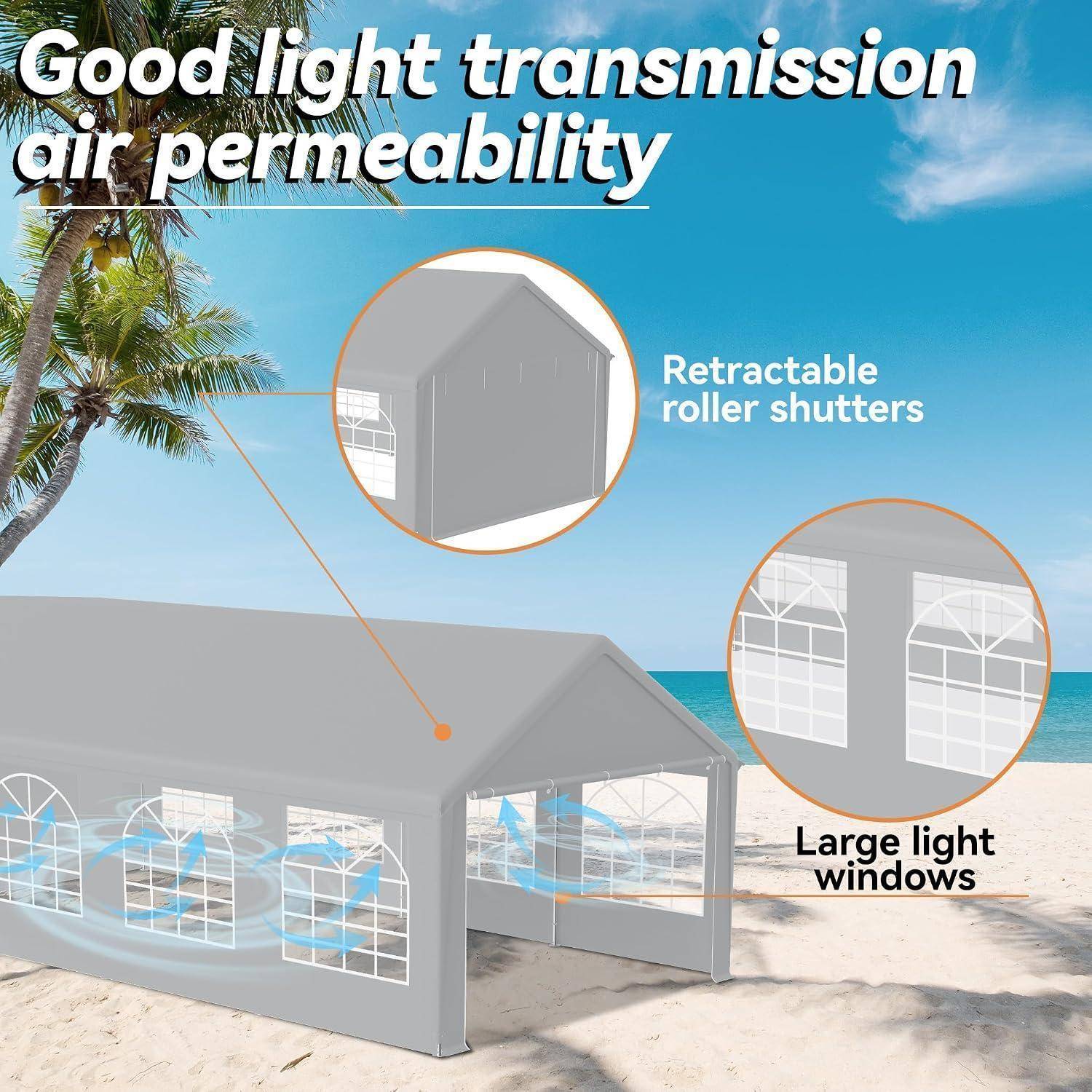 Illustration eines Zelts am Strand mit Hervorhebung von "Gute Lichttransmission Luftdurchlässigkeit"" mit ausfahrbaren Rollladen und großen Lichfenstern.