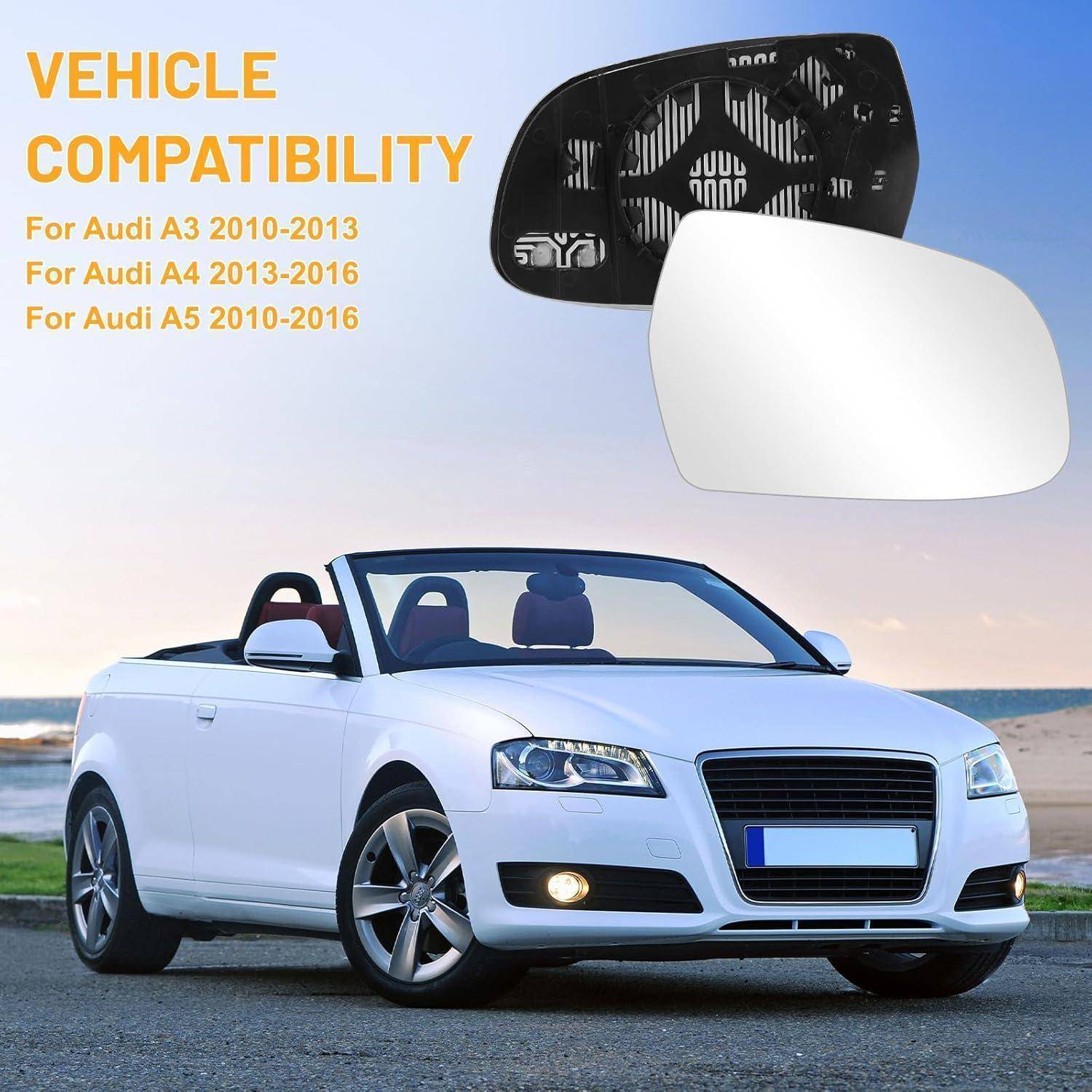 Fahrzeugkompatibilität für Spiegelglas: Audi A3 2010-2013, Audi A4 2013-2016 und Audi A5 2010-2016; zeigt schwarze und weiße Seitenspiegel-Abdeckungen über einem weißen Audi-Cabriolet.