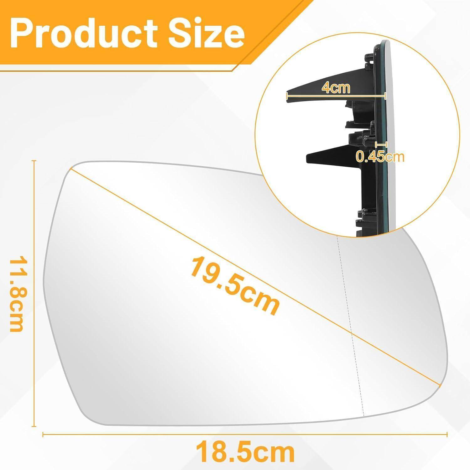 Produktgrößendiagramm, das eine Autoseitenspiegel-Abdeckung zeigt, mit einer Länge von 19,5 cm, einer Breite von 18,5 cm und einer Höhe von 11,8 cm, mit einer 4 cm Klippendetail und einer Dicke von 0,45 cm.