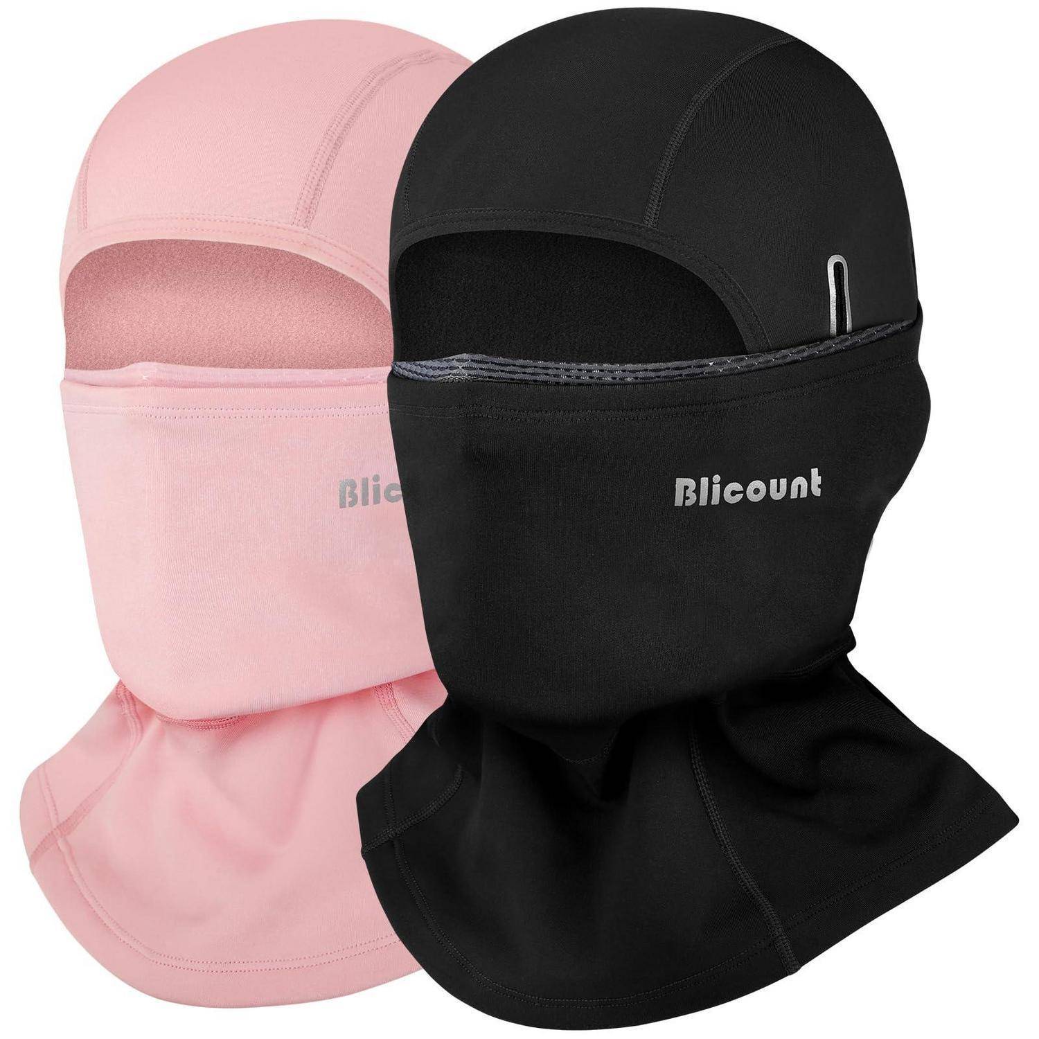 Zwei Gesichtsbedeckungen im Balaklava-Stil, eine rosa und eine schwarz, mit Augenöffnung und Halsabdeckung, Marke „Blicount