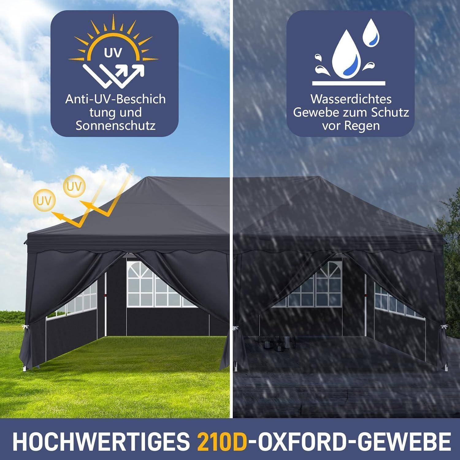 Geteiltes Bild eines schwarzen Pavillon-Zeltes mit UV-Schutz und wasserdichtem Stoff; Deutscher Text besagt „UV-Schutz" und „wasserdichter Stoff für Regen"".