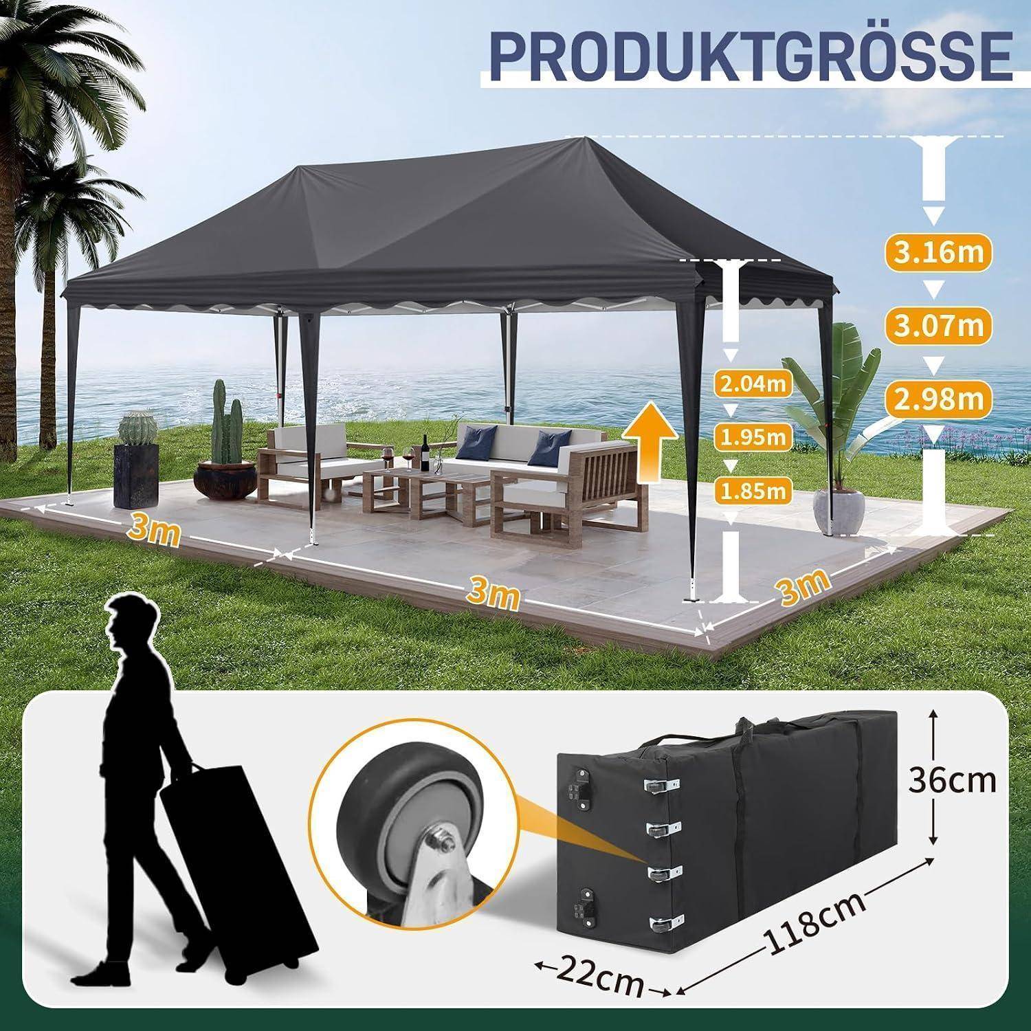 Produktgrößendiagramm für ein Pavillon-Zeltdach: 3m x 3m Grundfläche, verstellbare Höhen 1,85m bis 3,16m, plus Tragetaschendimensionen 118cm x 22cm x 36cm.