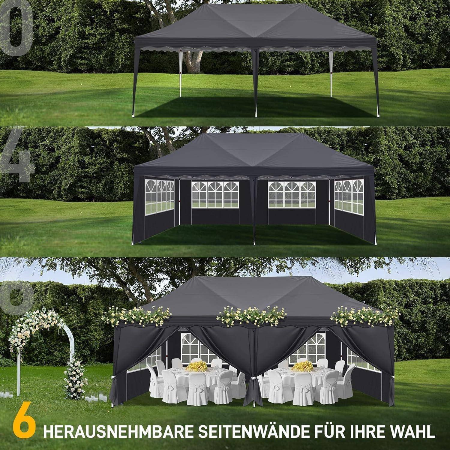 Werbebild, das ein dunkelgraues Outdoor-Partyzelt in drei Varianten zeigt: offen, geschlossen mit Fenster und dekoriert mit abnehmbaren Seitenwänden und Hochzeitstischen im Inneren.
