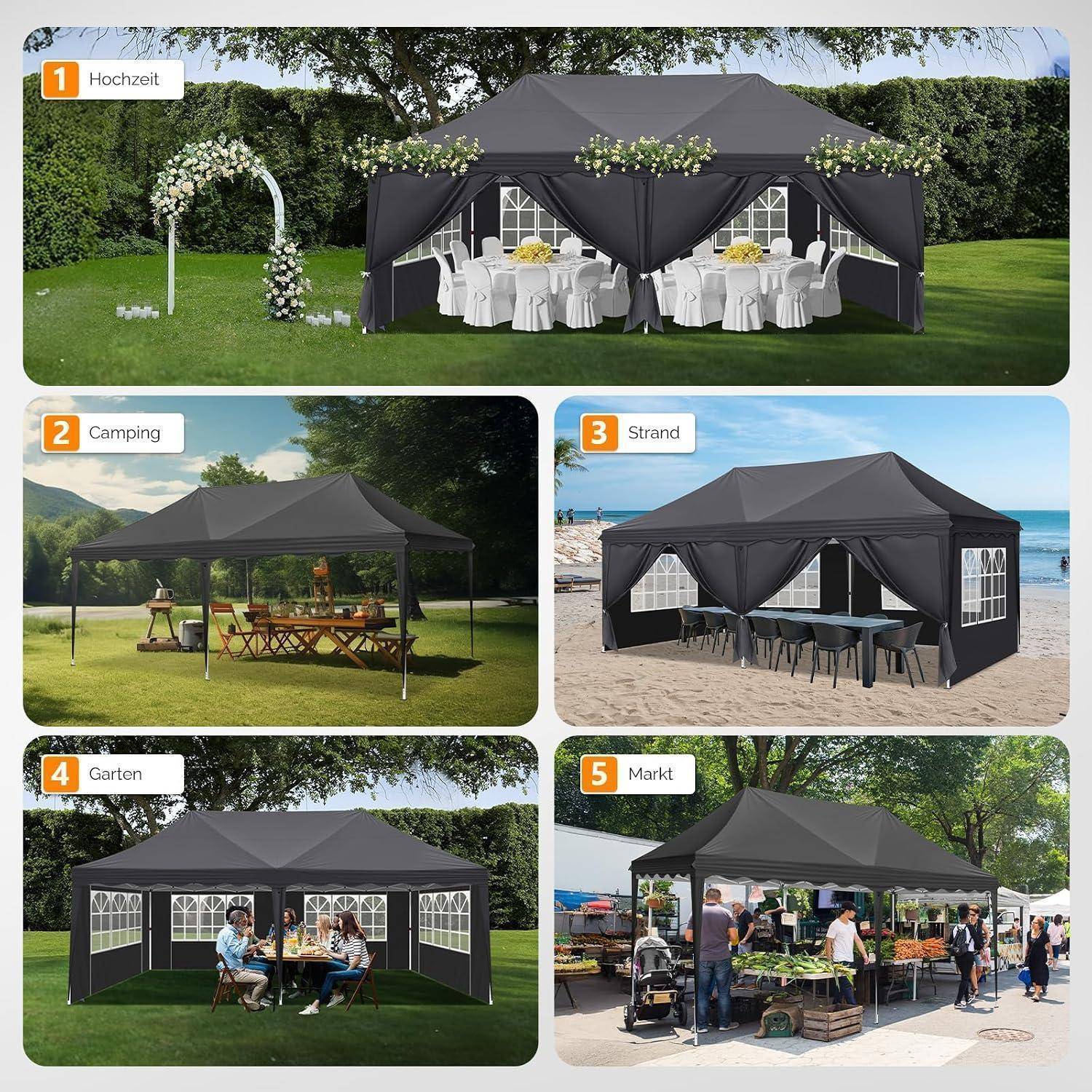 Collage eines schwarzen Pop-up-Pavillon-Zelts in fünf Einstellungen: Hochzeit, Camping, Strand, Gartenfeier und Marktstand.