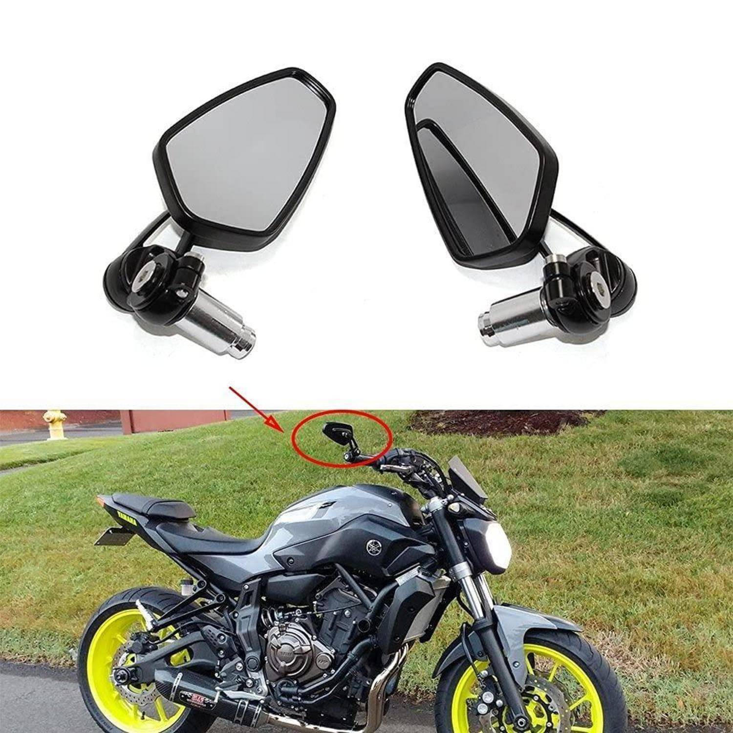 Zwei schwarze Motorrad-Rückspiegel mit verstellbaren Stielen, oben über einem Motorrad gezeigt, um ihre Installationsstelle anzudeuten.