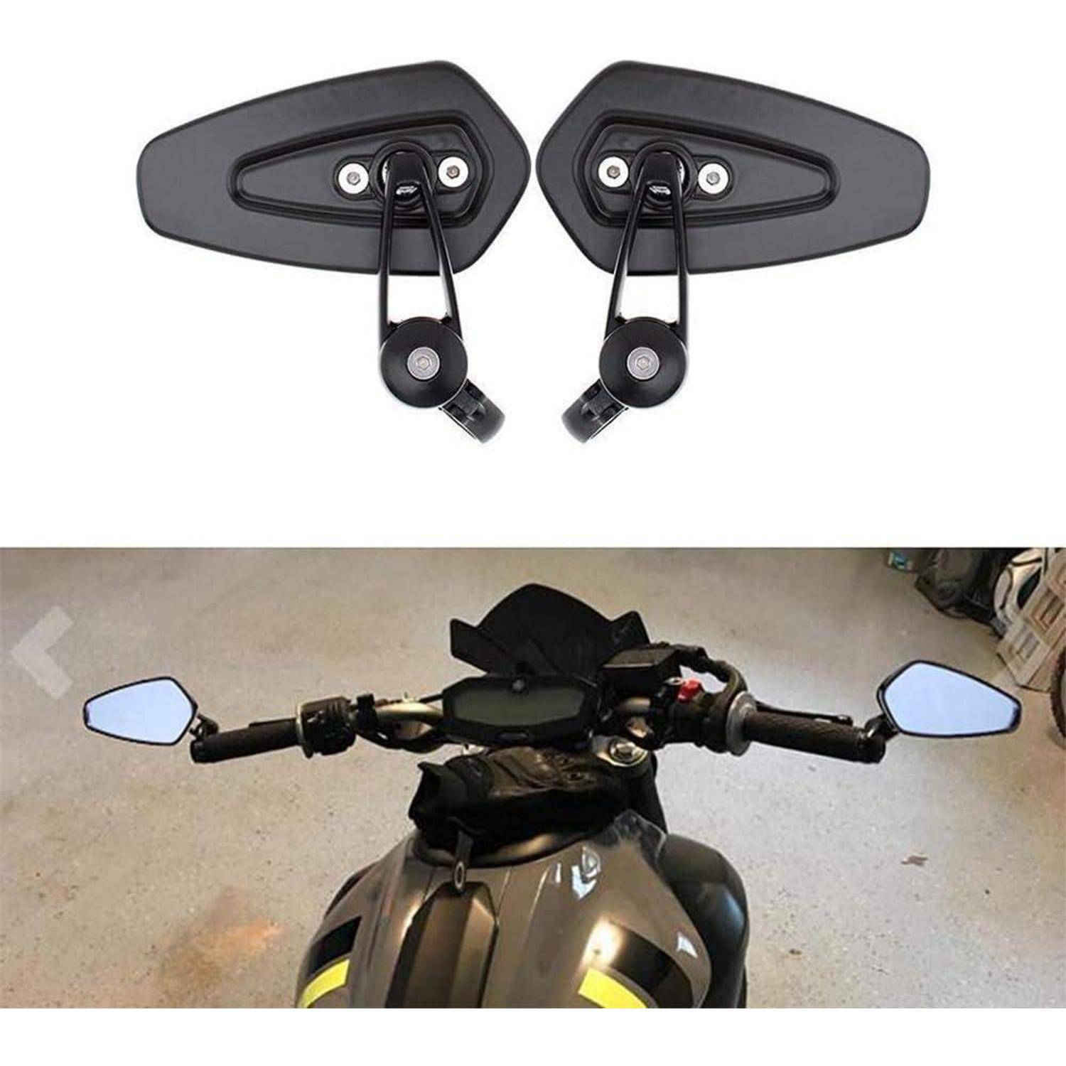 Motorrad-Lenkerendenspiegel, oben dargestellt und unten an einem Motorrad installiert, zeigen den Spiegelstil und die Platzierung an den Lenkern.