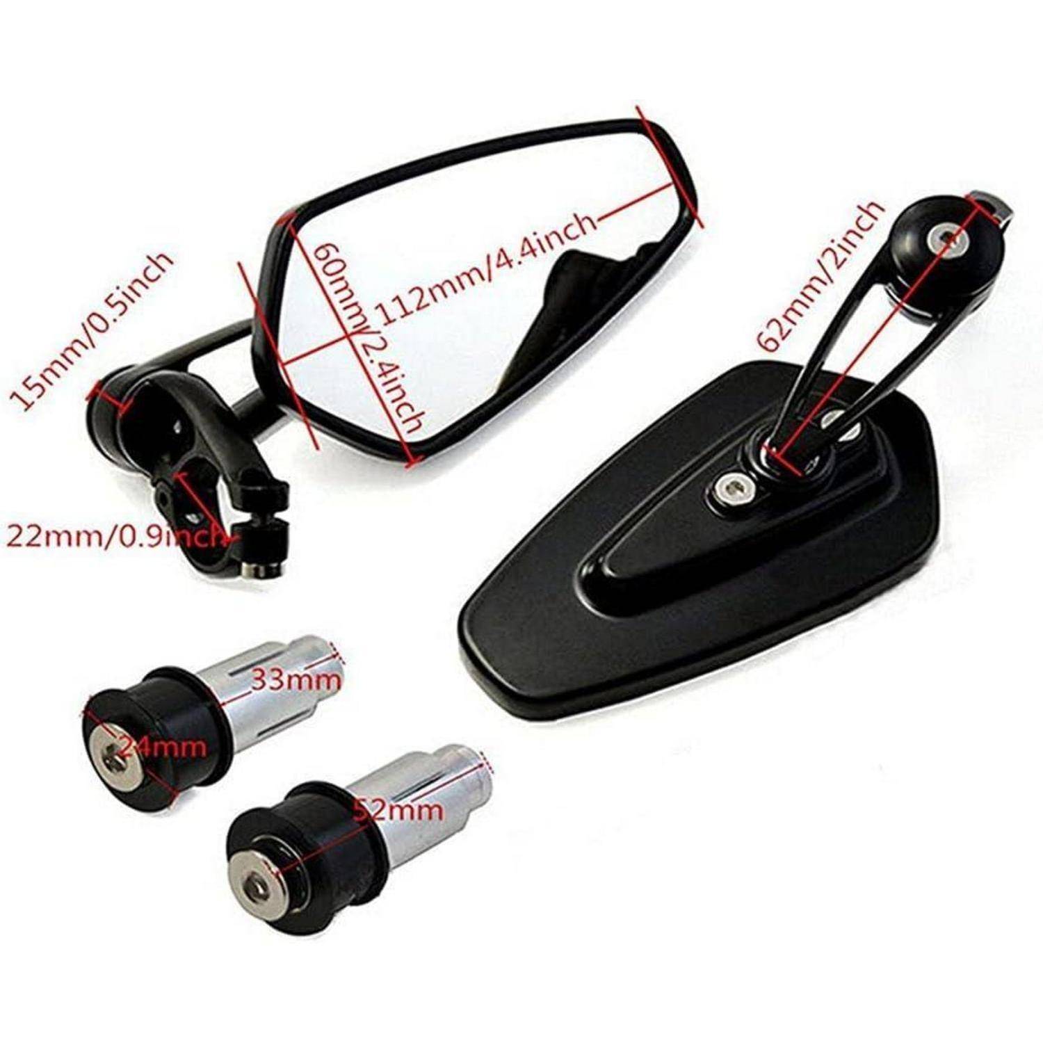 Motorrad-Rückspiegelset in Schwarz mit Befestigungszubehör, zeigt Spiegeldimensionen und vier Adapterstücke mit Maßangaben.