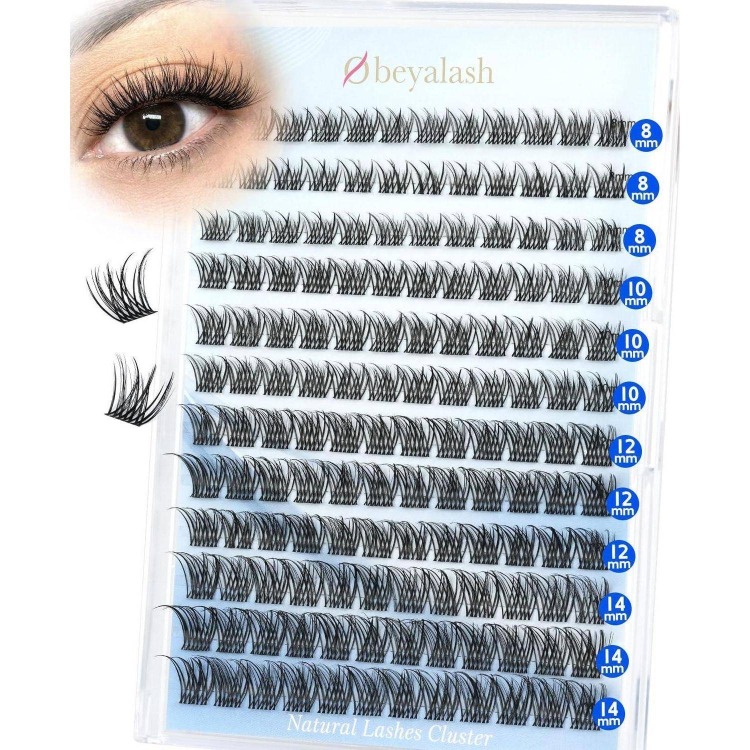 Verpackte natürliche falsche Wimpernbüschel mit einer Nahaufnahme des Auges und mehreren Wimpernreihen mit den Bezeichnungen 8 mm, 10 mm, 12 mm und 14 mm