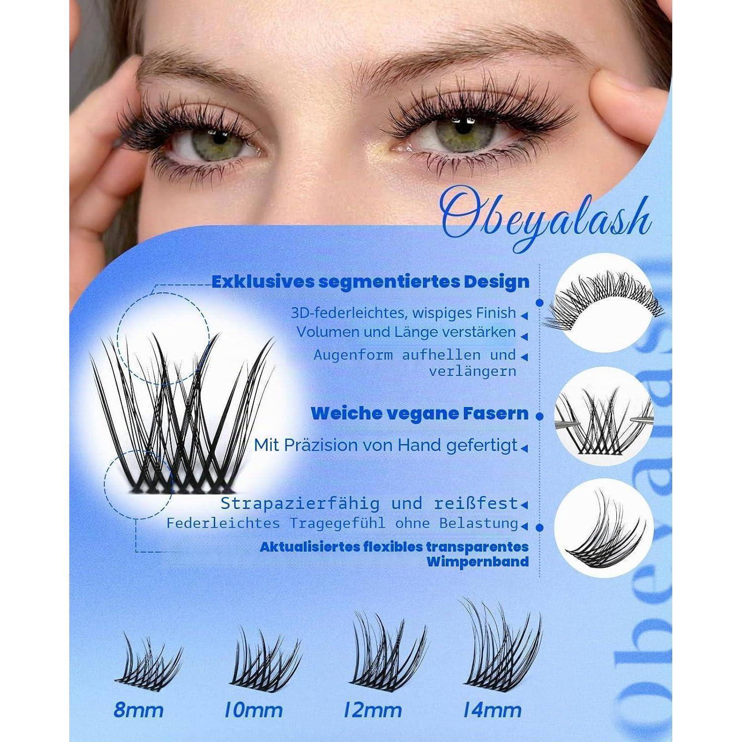 Produktanzeige mit den Augen einer Frau, die künstliche Wimpern trägt, mit Verpackungstext „Obeyalash