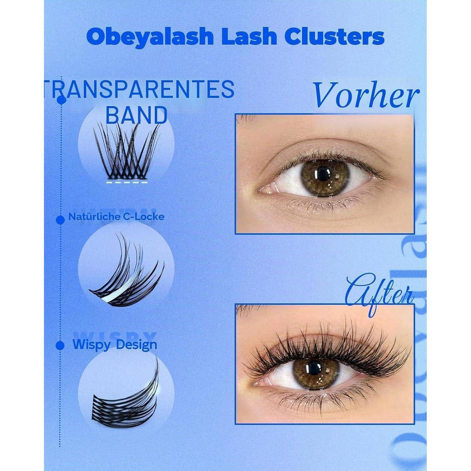 Werbegrafik für Obeyalash Lash Clusters, die transparente Bandwimpern-Stile und Vorher-Nachher-Fotos der Augen zeigt, wobei das Nachher-Bild vollere Wimpern anzeigt.