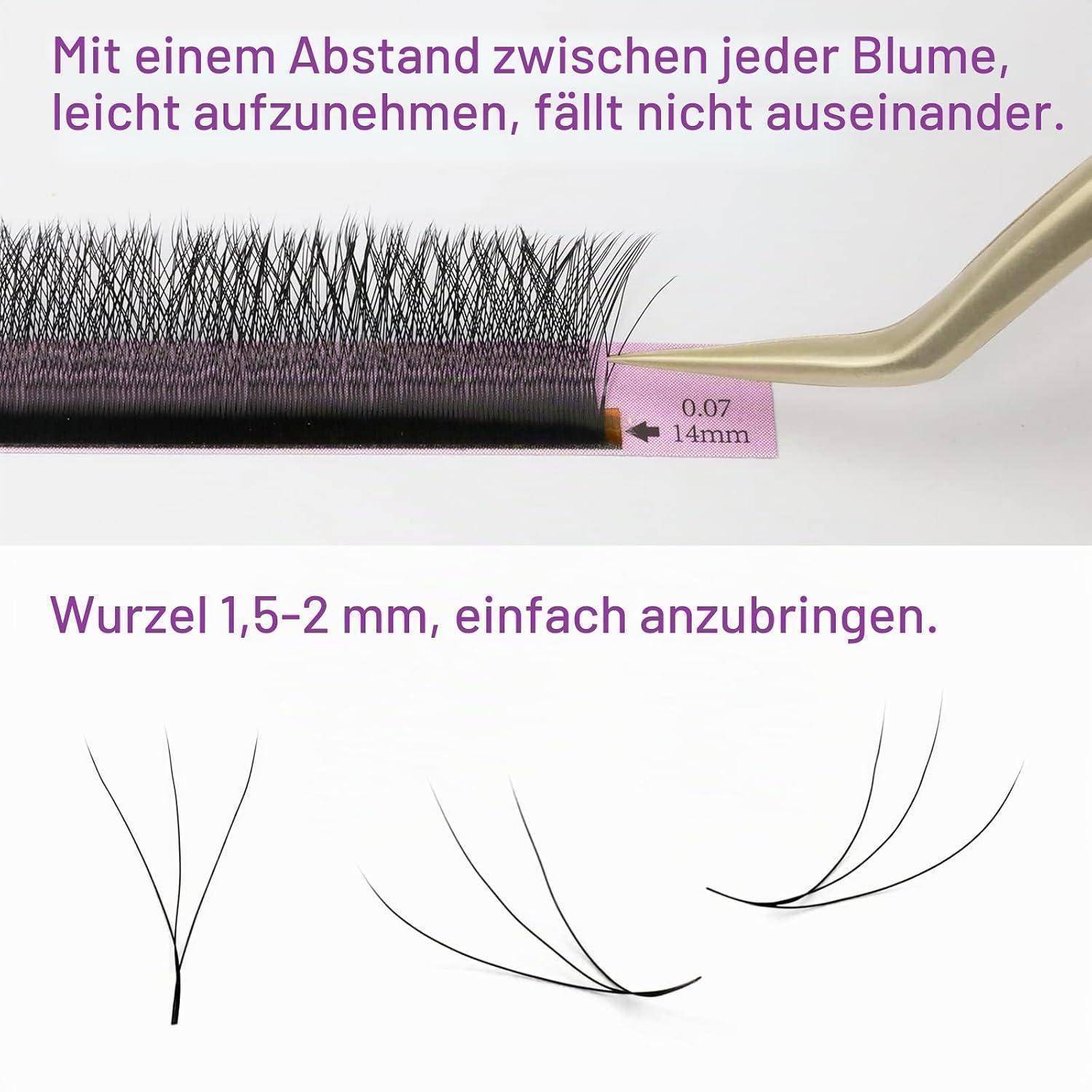 Nahaufnahme von Wimpernverlängerungspinzetten und Wimpern mit deutschem Text, der den einfachen Abstand zwischen Wimpern und 1,5–2 mm Wurzeln für die einfache Anwendung anmerkt.