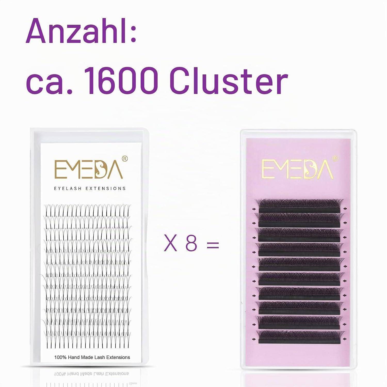 Produktbild zeigt EMEDA-Wimpernverlängerungen; Text sagt „Anzahl: ca. 1600 Cluster