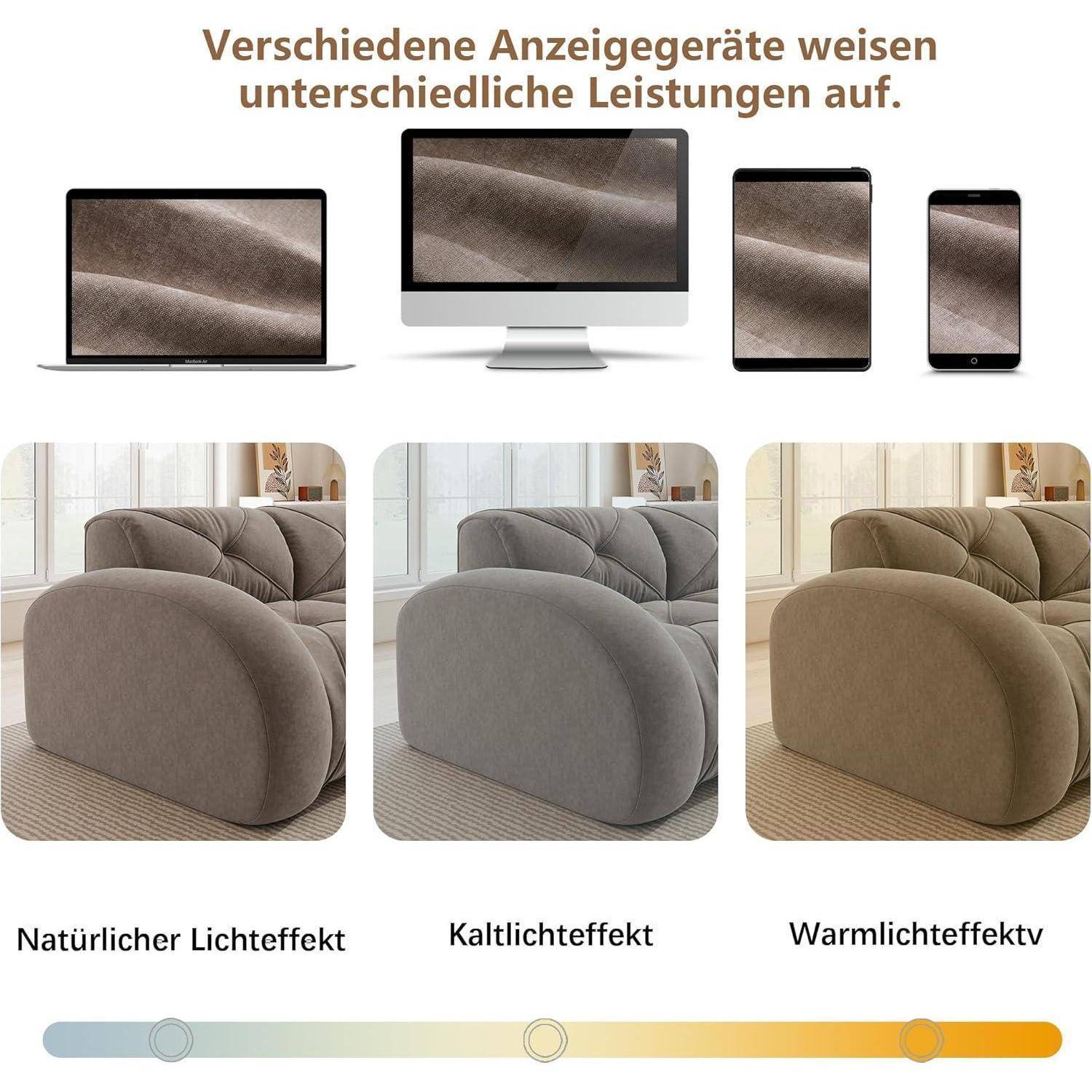 Infografik, die dasselbe Sofa auf verschiedenen Geräten und unter natürlichen, kühlen und warmen Lichteffekten zeigt und illustriert, dass Anzeigebildschirme verschiedene Farben und Helligkeit anzeigen.