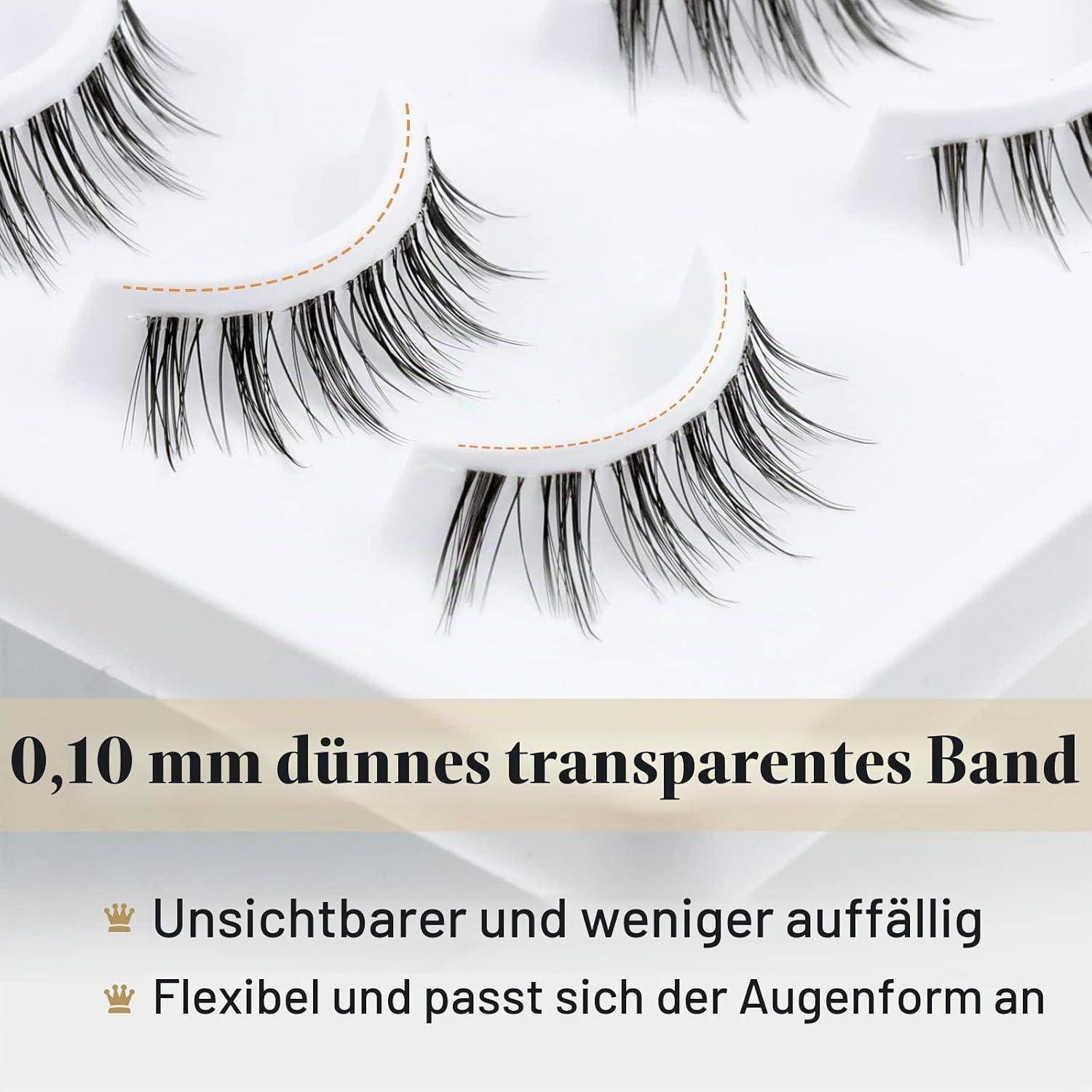 Falsche Wimpern auf transparentem Band mit deutschem Text: '0,10 mm dünnes transparentes Band', 'Unsichtbar und weniger auffällig', 'Flexibel und passt sich der Augenform an