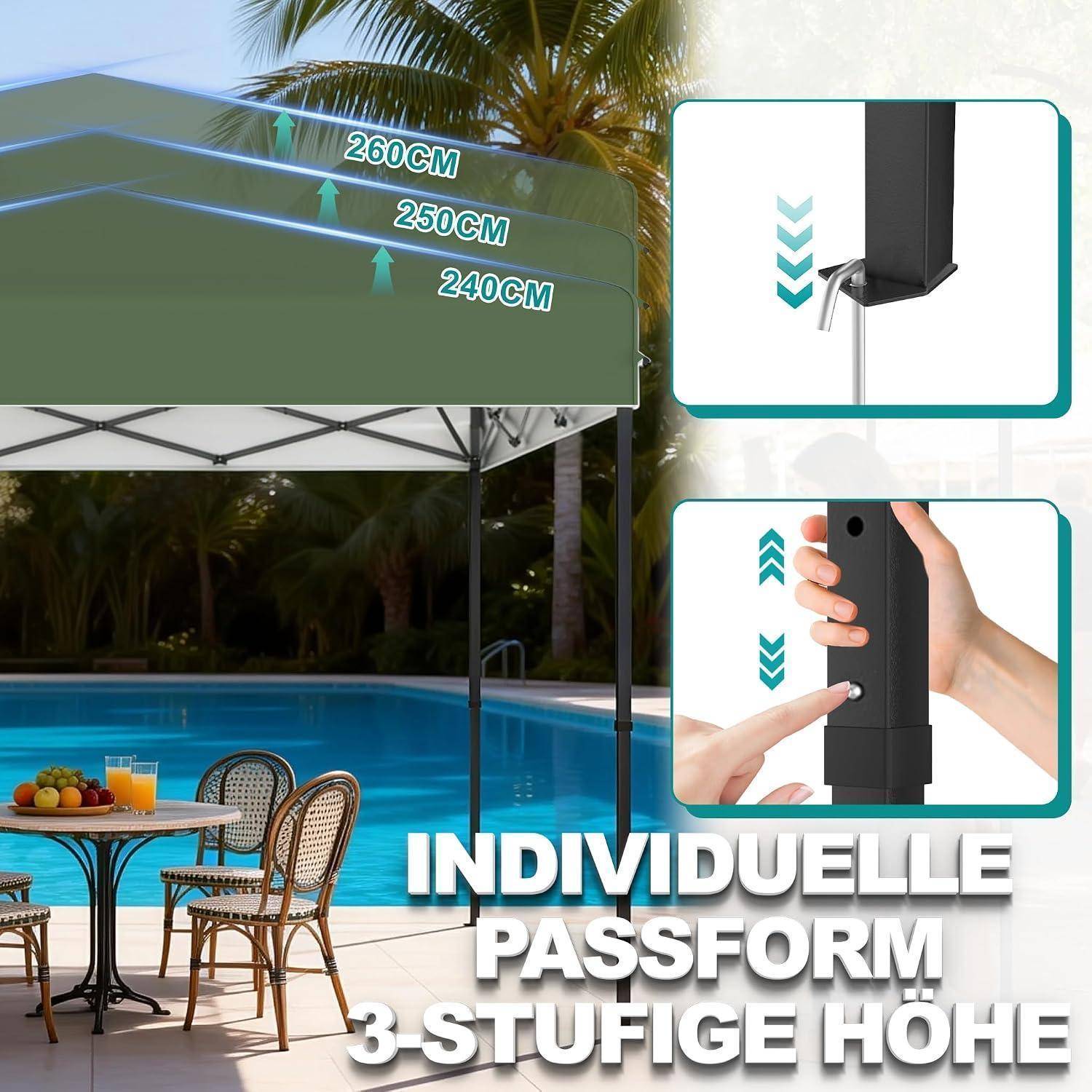 Outdoor-Pavillon mit verstellbarer dreistufiger Höhe, gekennzeichnet mit 240CM, 250CM und 260CM, neben einem Becken dargestellt, mit eingefügten Detailaufnahmen der Rahmenjustierung.