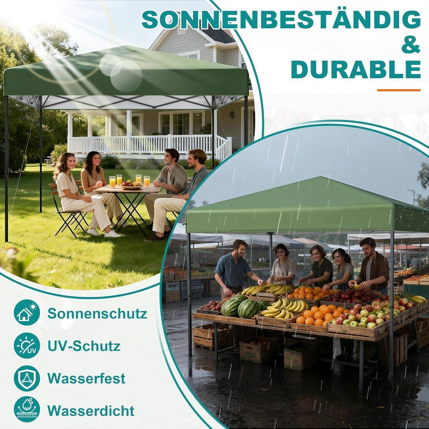 Werbung für ein grünes Pop-up-Zelt: Outdoor-Sonnenschutz für eine Hinterhofveranstaltung und einen regnerischen Bauernmarkt, gekennzeichnet mit „Sonnenbeständig & Langlebig", „Sonnenschutz"", „UV-Schutz"", „Wasserbeständig"", „Wasserdicht"".