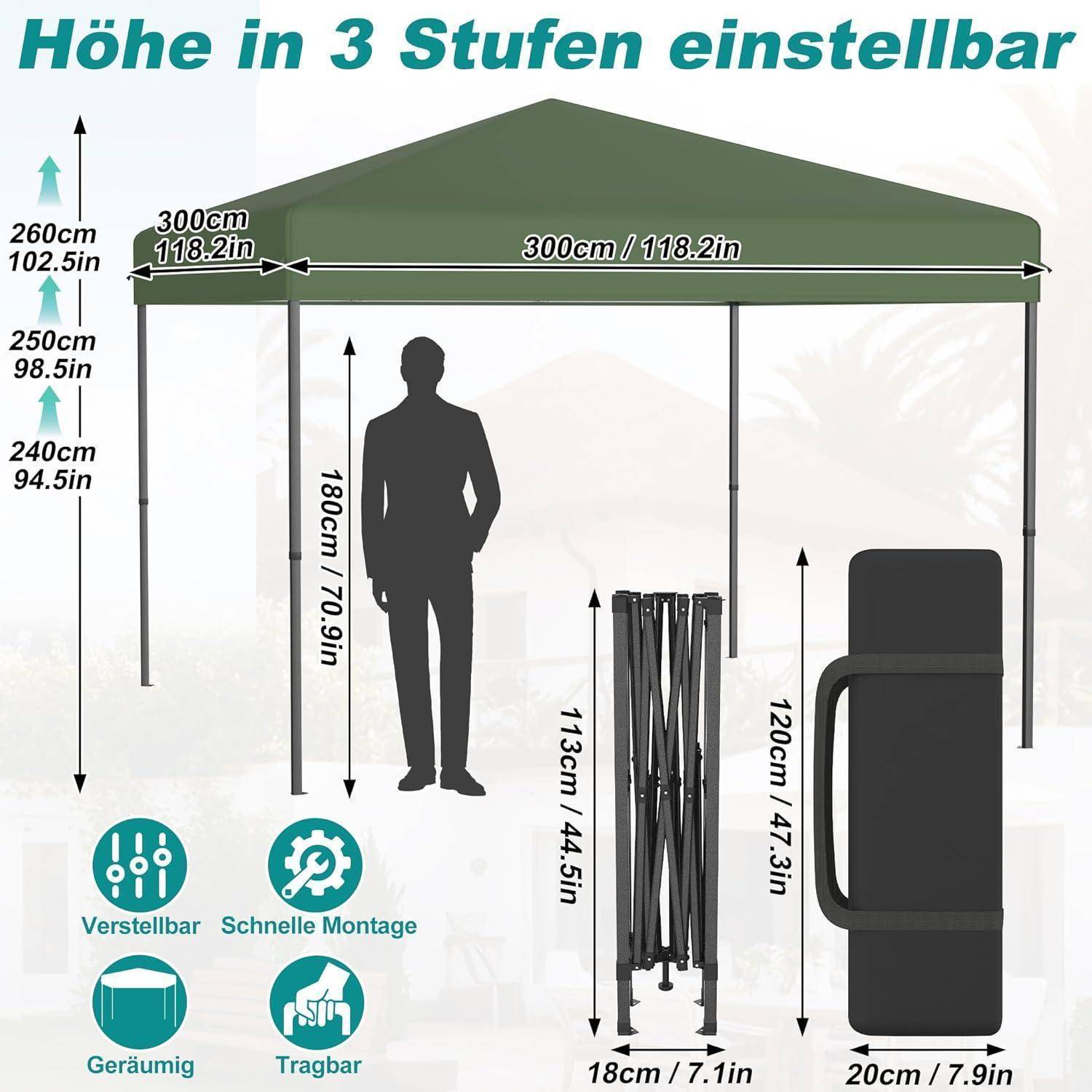 Diagramm eines grünen Baldachindaches mit drei verstellbaren Höhen: 240, 250 und 260 cm. Zeigt 300 cm Breite, 180 cm Standhöhe und faltbare Teile für Portabilität.