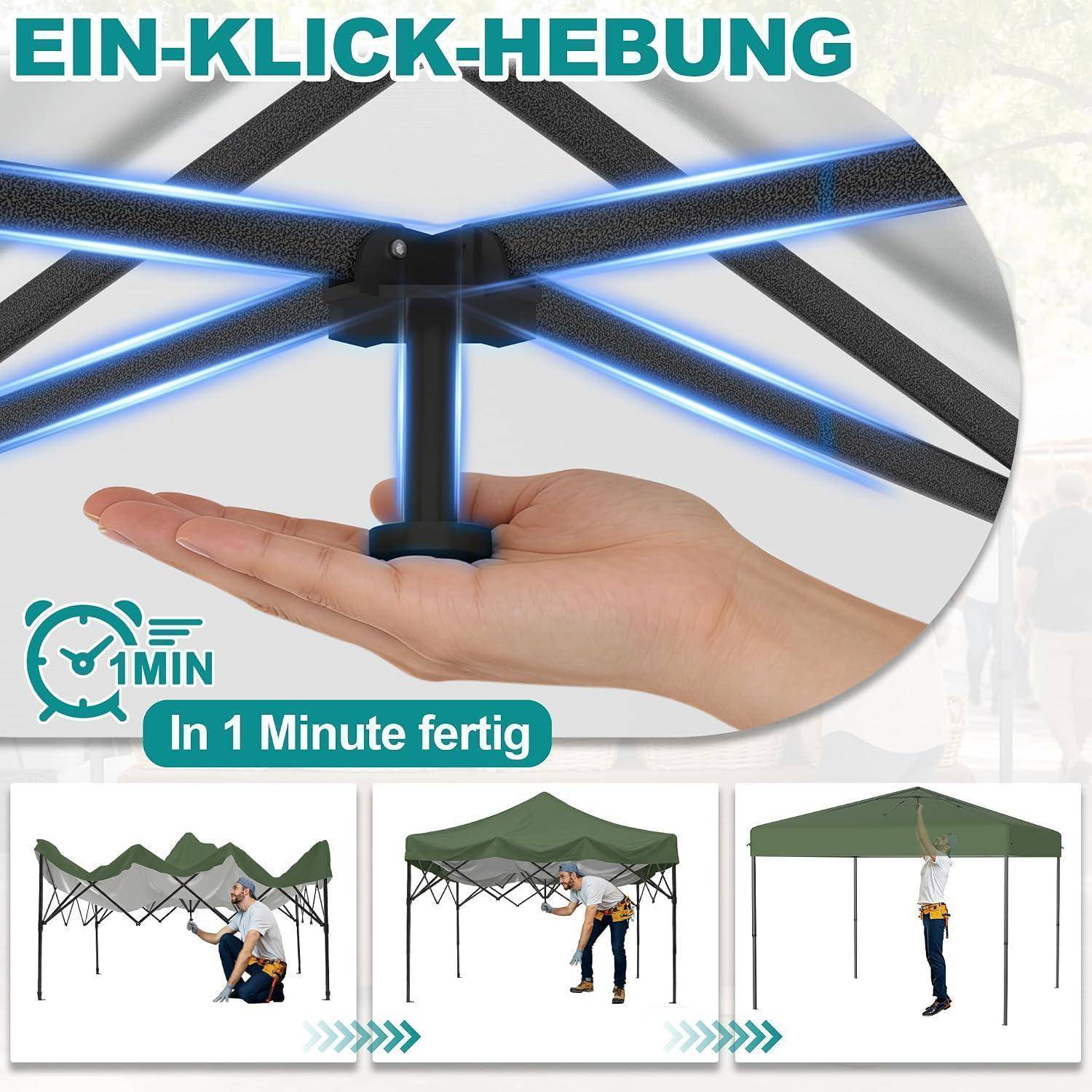 Pop-Up-Partyzelt mit Ein-Klick-Hebung-Setup, gezeigt in drei Stufen vom zusammengeklappt bis vollständig aufgerichtet, mit einer Hand, die den zentralen Mechanismus hält, und dem Text „EIN-KLICK-HEBUNG" und „In 1 Minute fertig"".