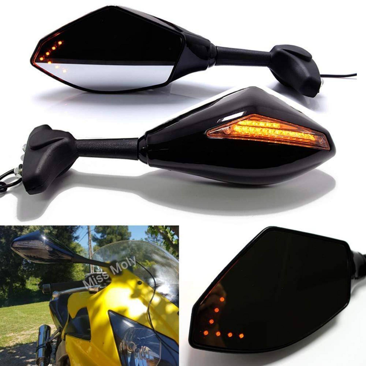 Schwarze Motorrad-Seitenspiegel mit integrierten bernsteinfarbenen LED-Blinkern, leuchtend dargestellt und auf einem gelben Sportmotorrad installiert.