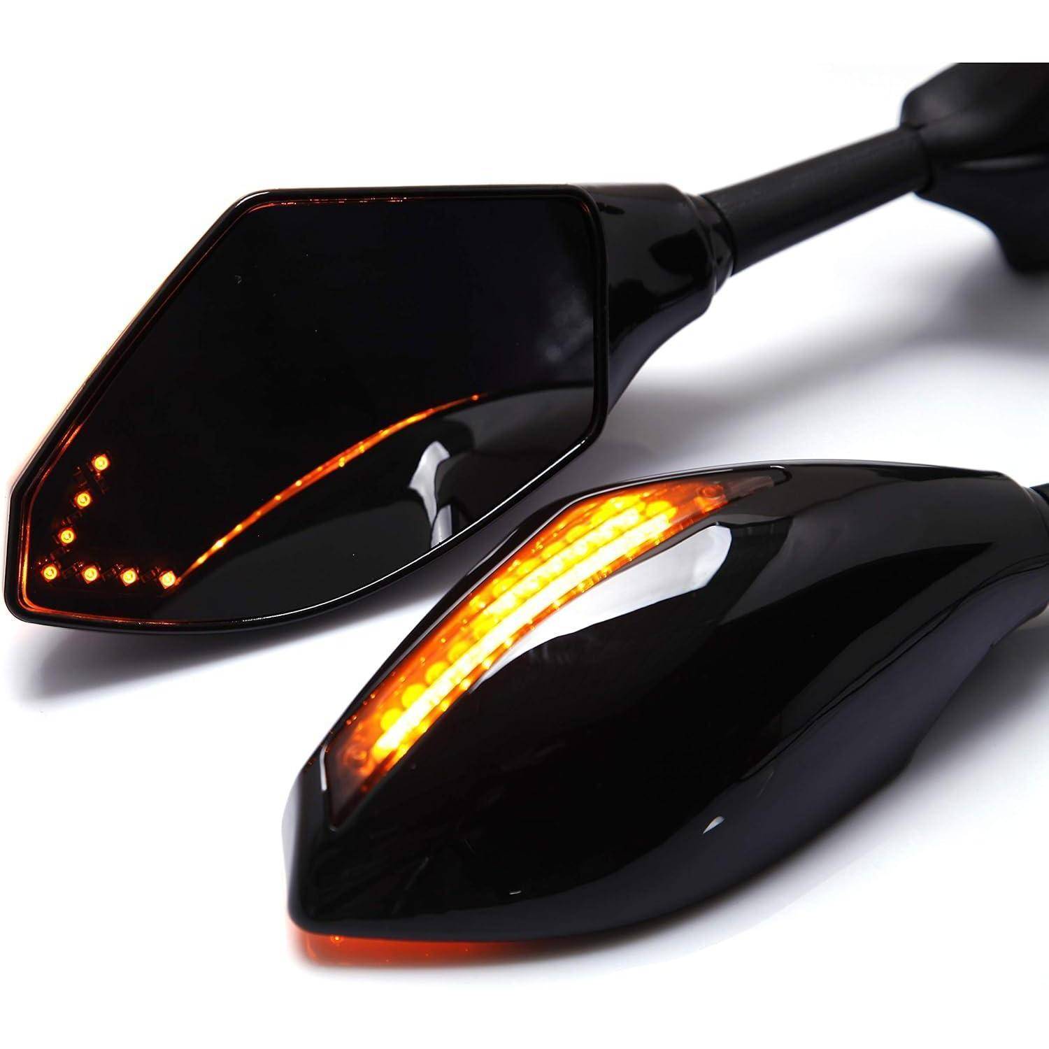 Paar schwarze Motorrad-Seitenspiegel mit integrierten bernsteinfarbenen LED-Blinkern, gezeigt auf weißem Hintergrund.