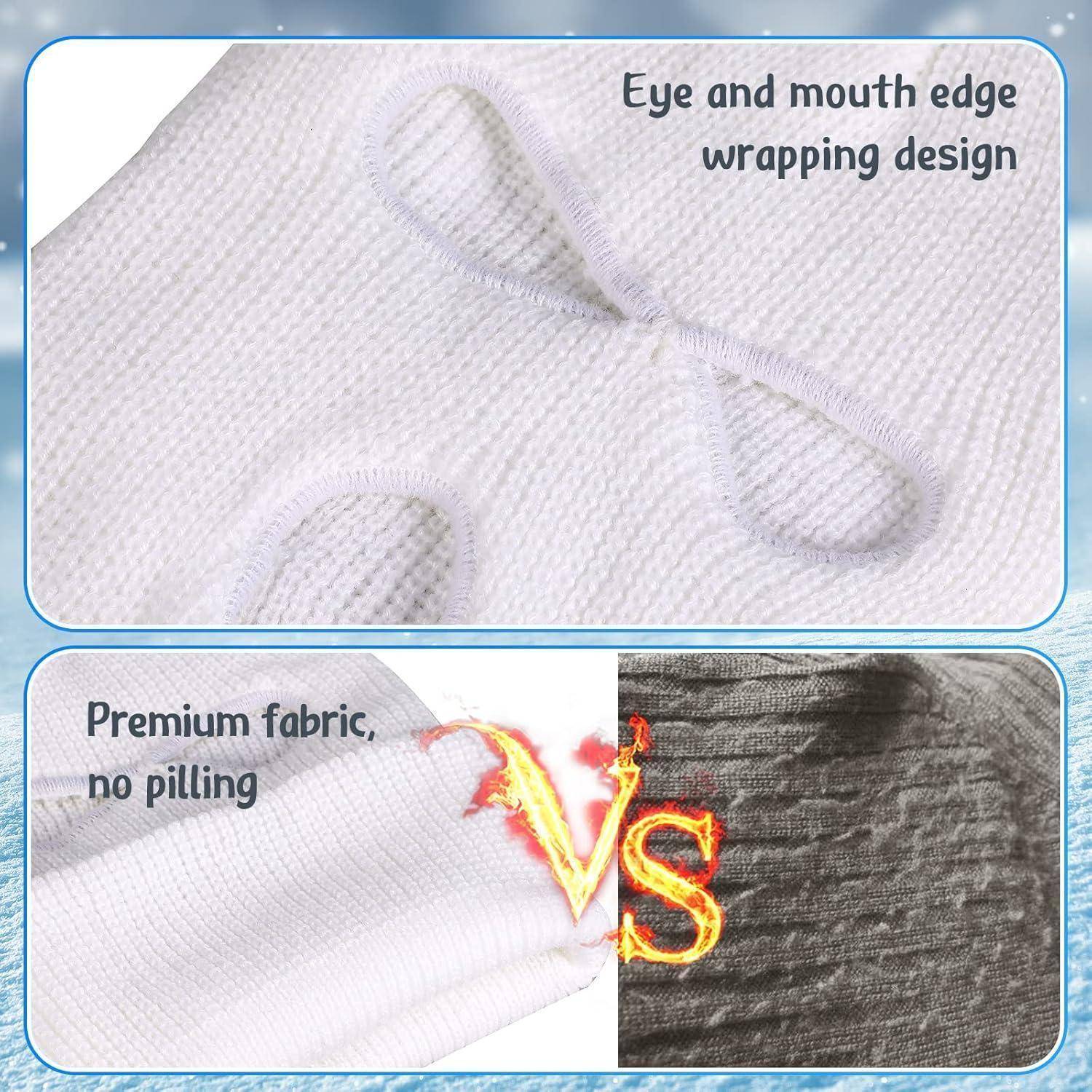 Vergleichsbild von Stofftexturen: weißer Strickstoff mit „Augen- und Mundranda-Wickeldesign" und „Premium-Stoff, keine Pillingbildung"" versus dunkles zerknittertes Material.