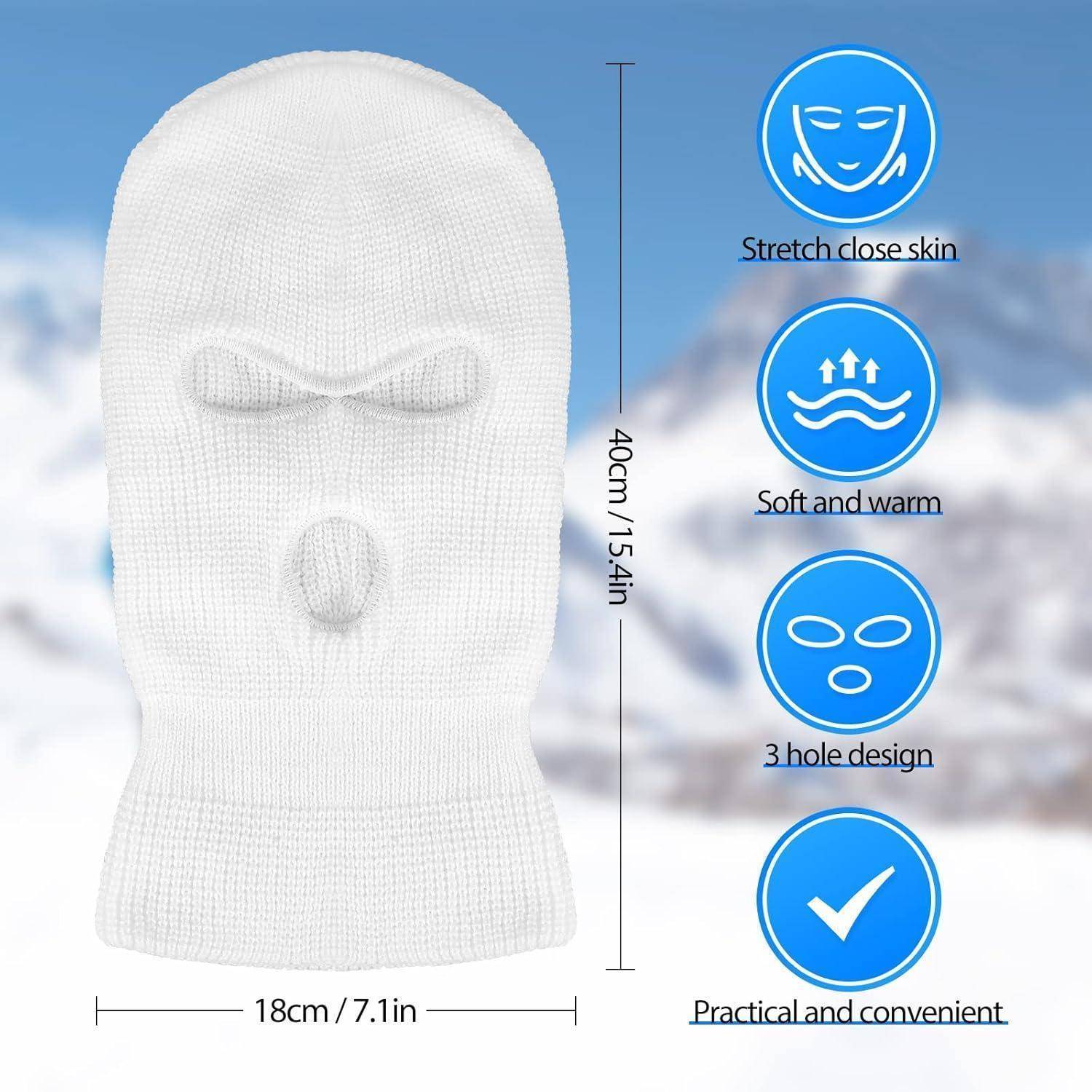 Weiße gestrickte Sturmhaube Skimaske mit Augen- und Mundöffnungen, gezeigt mit 40 cm Höhe und 18 cm Breite, mit Notizen: 'Dehnbar, eng anliegend', 'Weich und warm', '3-Loch-Design', 'Praktisch und bequem'.