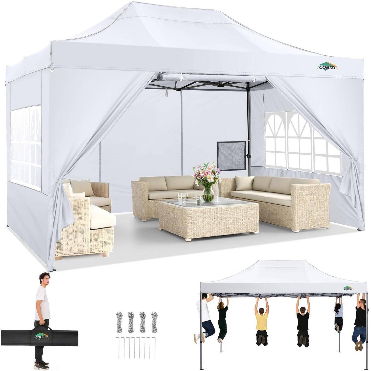 Weißes Outdoor-Pavillon-Zelt mit Vorhängen, Rattan-Sofagarnitur und Couchtisch; untere Bilder zeigen Montageritte, Transporttasche zusammengeklappt, Heringe und Aufhängestütze.