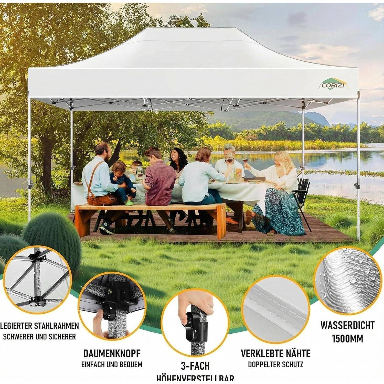 Personen sitzen an einem Picknicktisch unter einem weißen Pavillon am See; eingefügte Hinweise zeigen Stahlrahmen, Druckknopfverbindungen, verklebte Nähte und wasserdicht 1500mm.