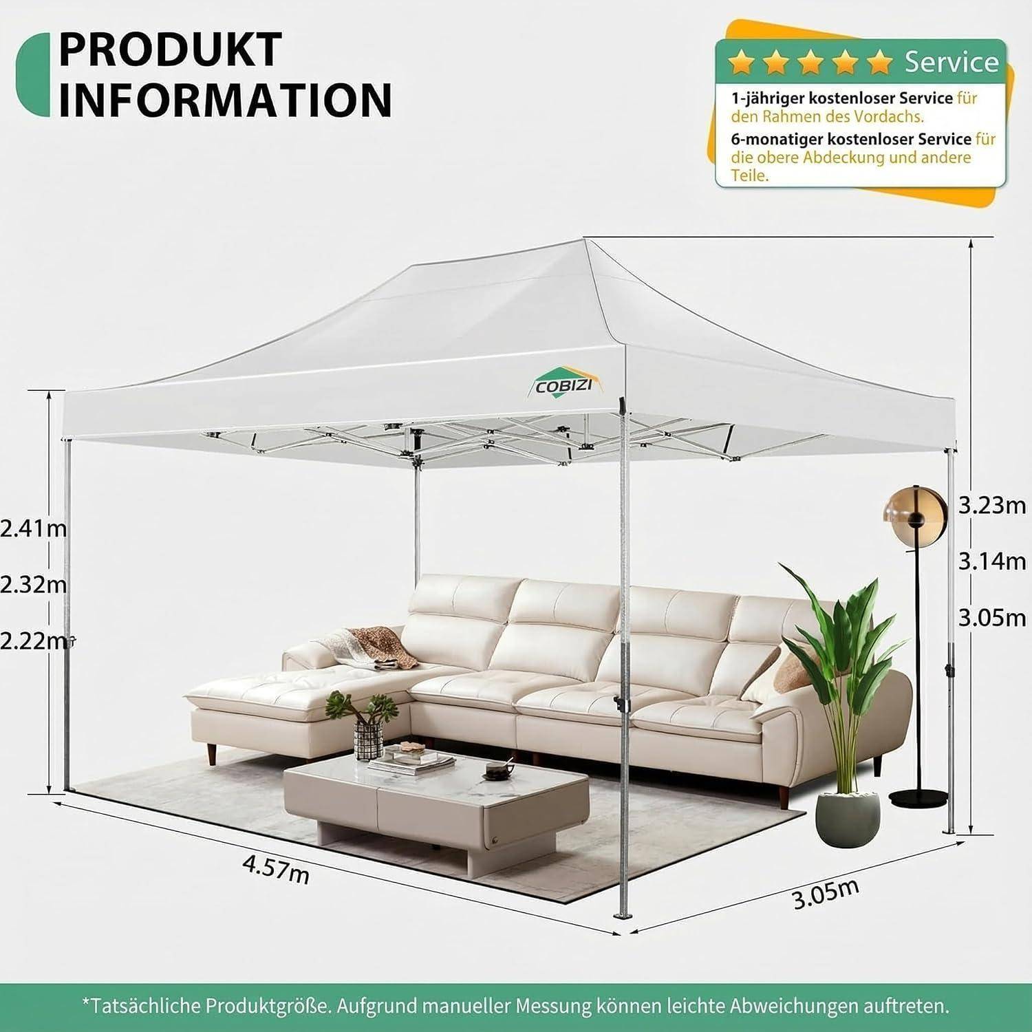 Produktinformationsbild, das einen weißen Patio-Pavillon über einer Außenbestuhlung zeigt, mit den beschrifteten Abmessungen 4,57 m mal 3,05 m und einer Höhe von bis zu 3,23 m.