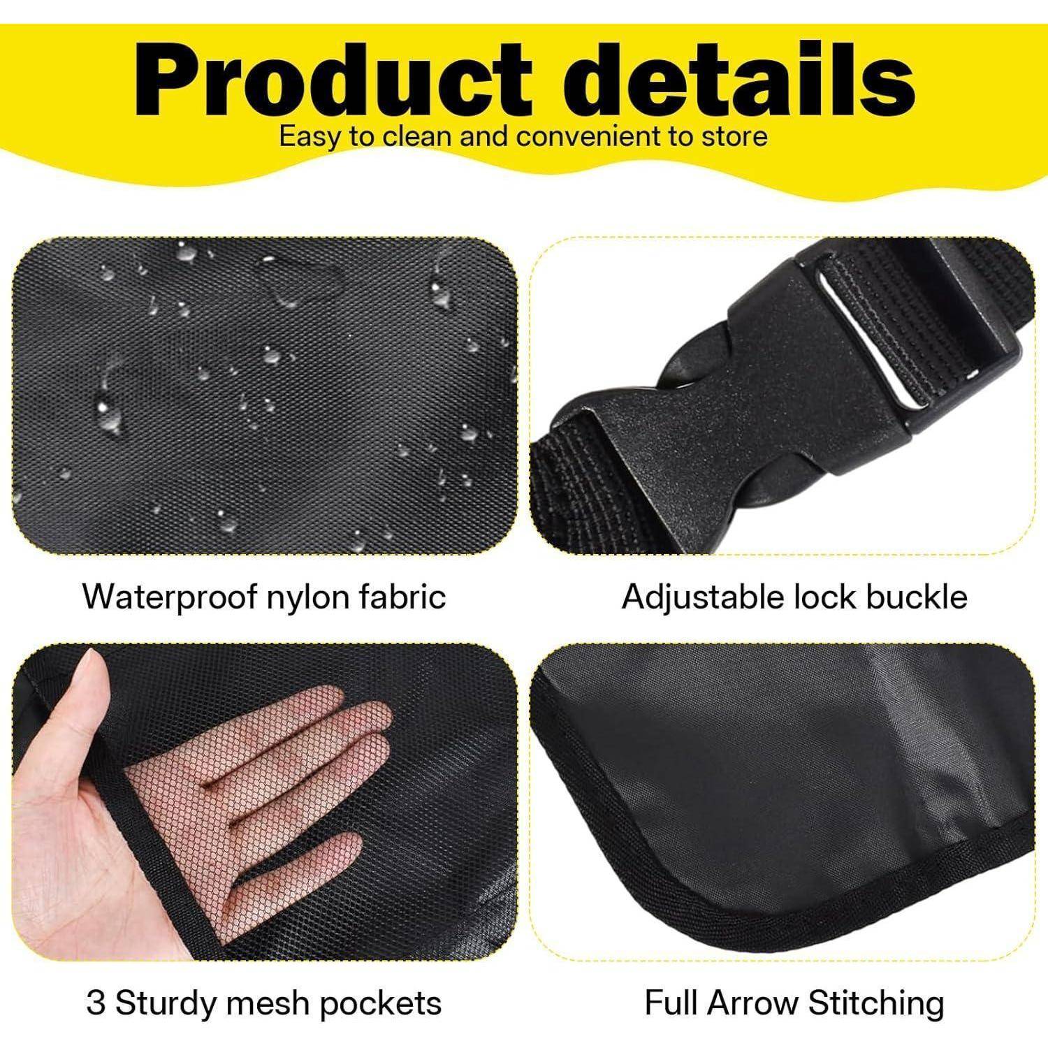 Produktdetails einer schwarzen Tasche oder eines Beutels: wasserdichtes Nylongewebe, verstellbare Verschlussspange, 3 robuste Netztaschen und vollständige Pfeilsteppung.