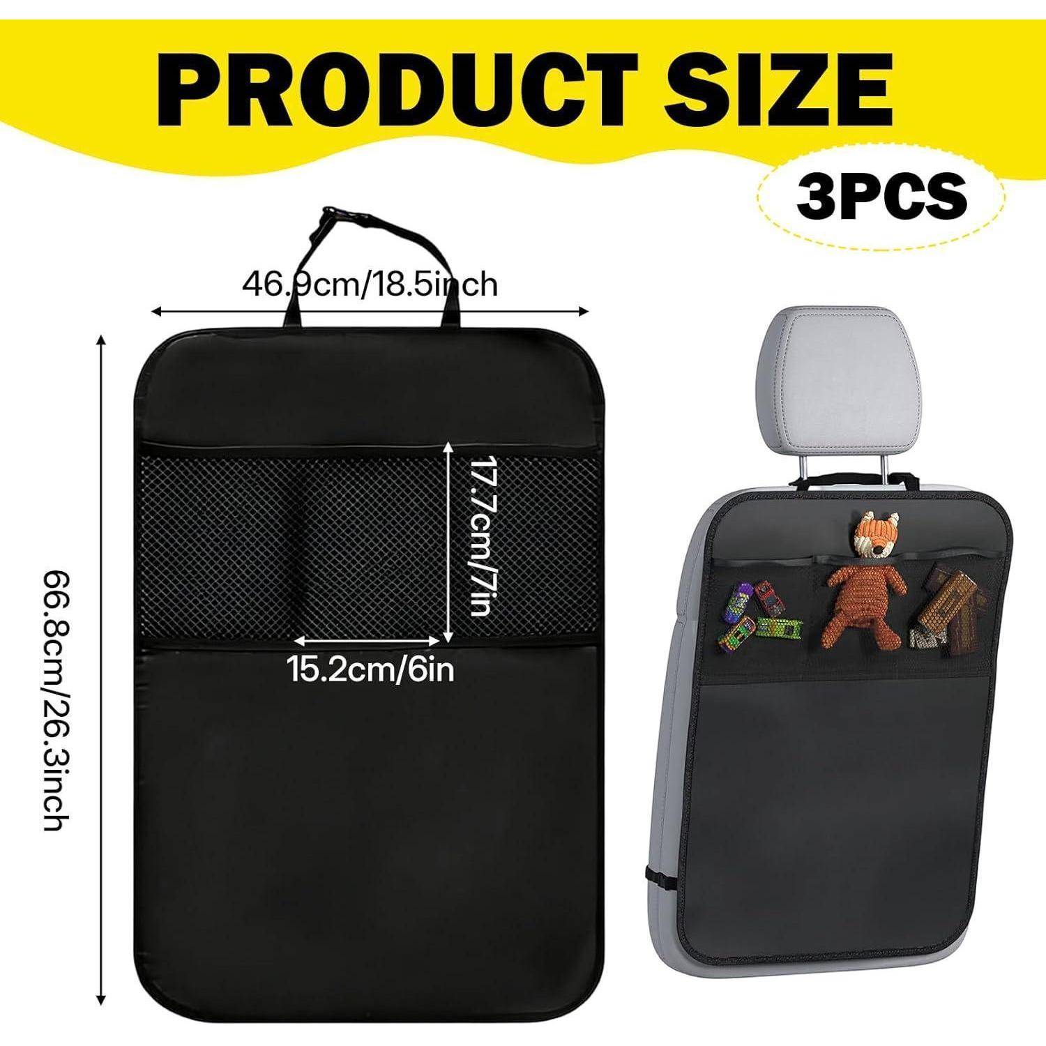 Größentabelle für einen 3-teiligen Autositz-Rückenorganizer: 46,9 x 66,8 cm Gesamtgröße, mit 15,2 x 17,7 cm Aufbewahrungstasche.