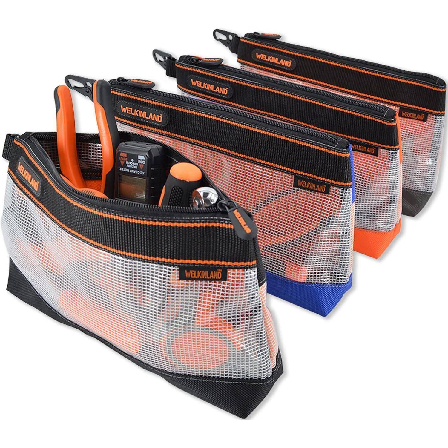 Vier transparente Netz-Werkzeugtaschen mit Reißverschluss in Schwarz und Orange, jeweils mit farbiger Grundfläche und Tragegriff, in einer Reihe angeordnet.