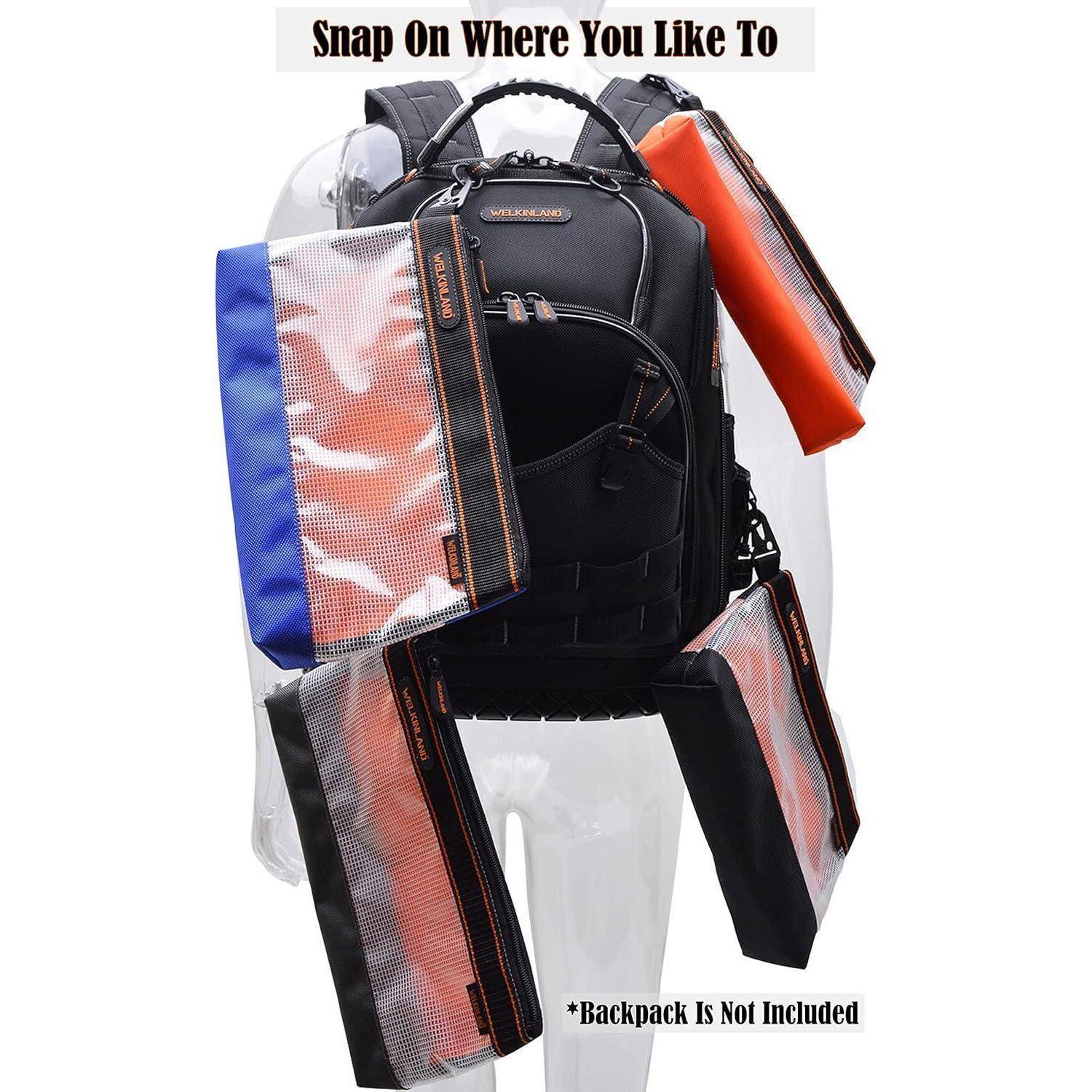 Schwarzer Rucksack mit mehreren ansteckbaren Taschen und Organizer; Text besagt „Snap On Where You Like To