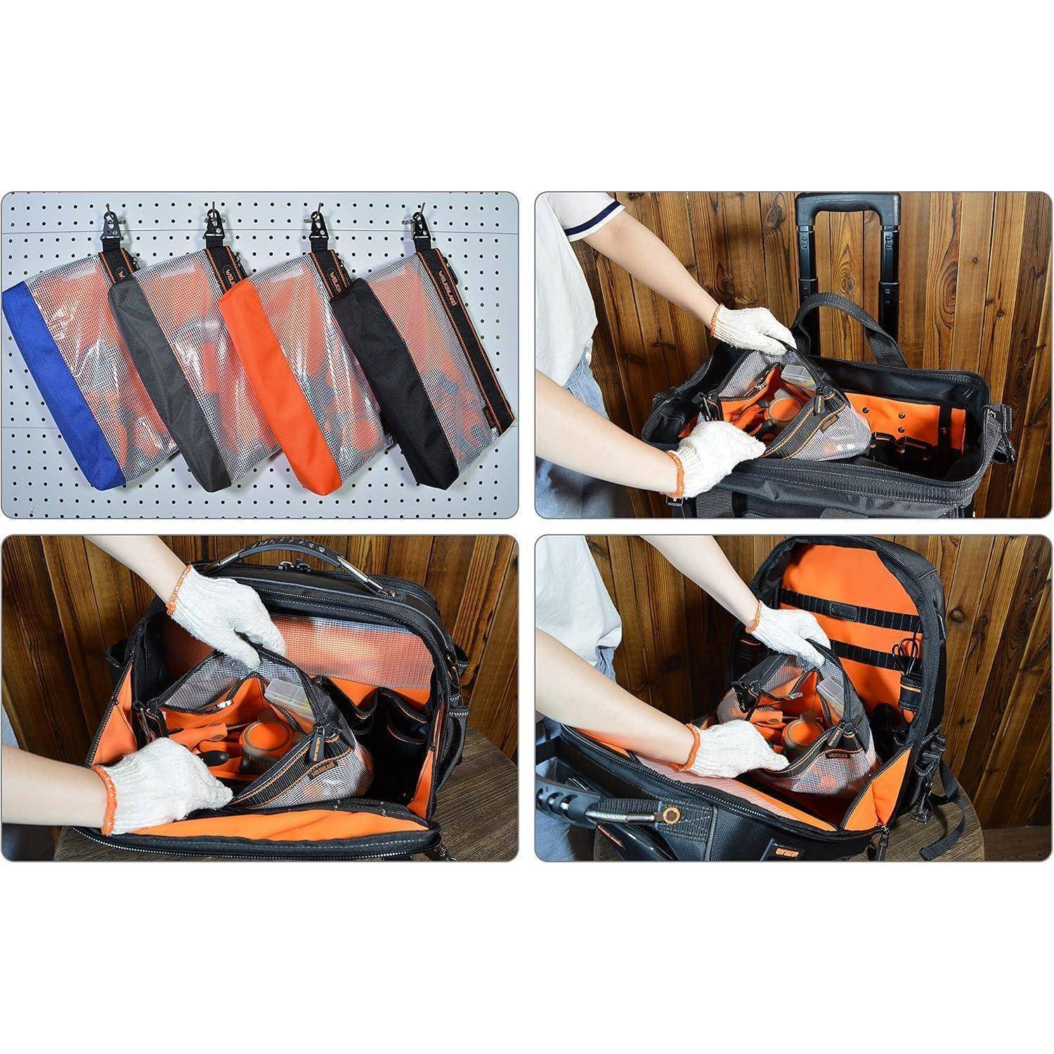 Collage mit einer abnehmbaren Organizer-Tasche in mehreren Farben und einer behandschuhten Person, die sie in einen Koffer legt, um das Gepäck zu organisieren.