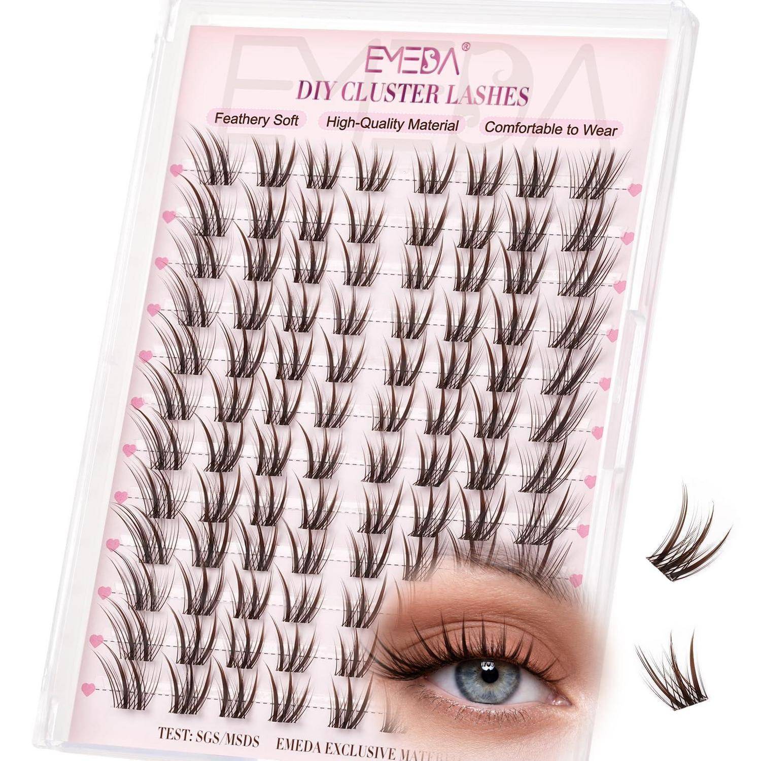 Packung von EMEDA 'DIY Cluster Lashes' mit Reihen von künstlichen Wimpernbüscheln und einem Auge, das das Aussehen der angebrachten Wimpern zeigt.