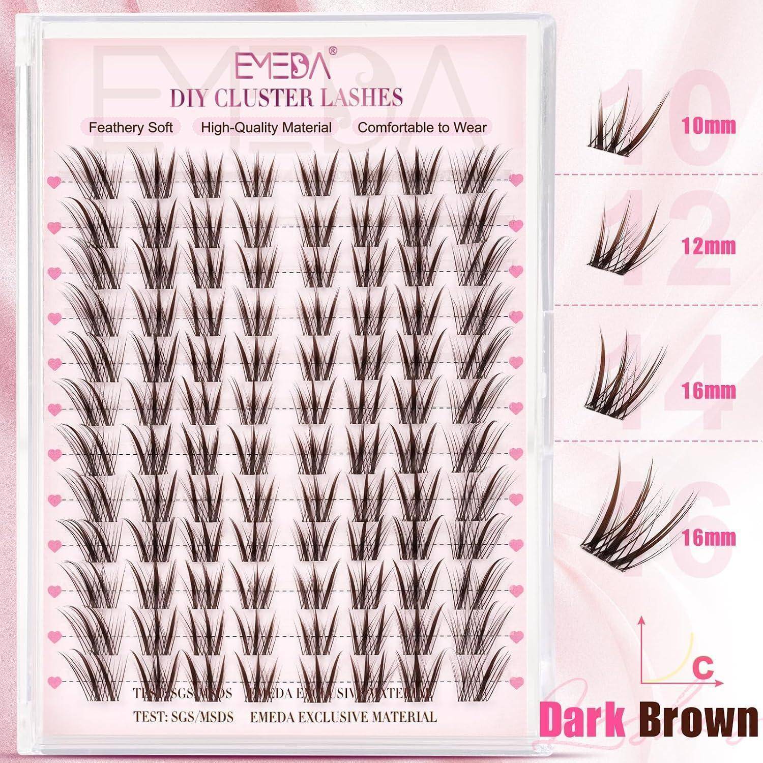 Packung mit EMEDA DIY-Wimpernbüscheln in Dunkelbraun, zeigt mehrere Wimpernbüschel mit Längenvarianten 10mm, 12mm und 16mm sowie Text 