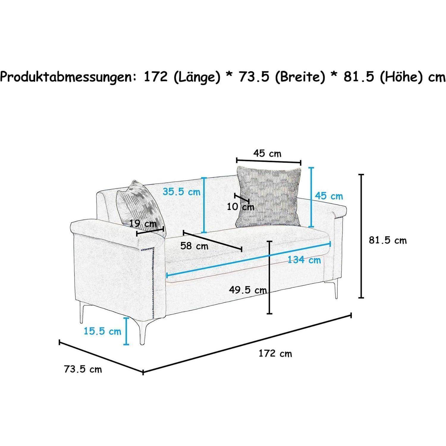 Annotierte Sofamessungen: 172 cm lang, 73,5 cm breit, 81,5 cm hoch, mit gekennzeichneten Maßen für Sitz, Armlehne, Kissen und Rückenlehne.