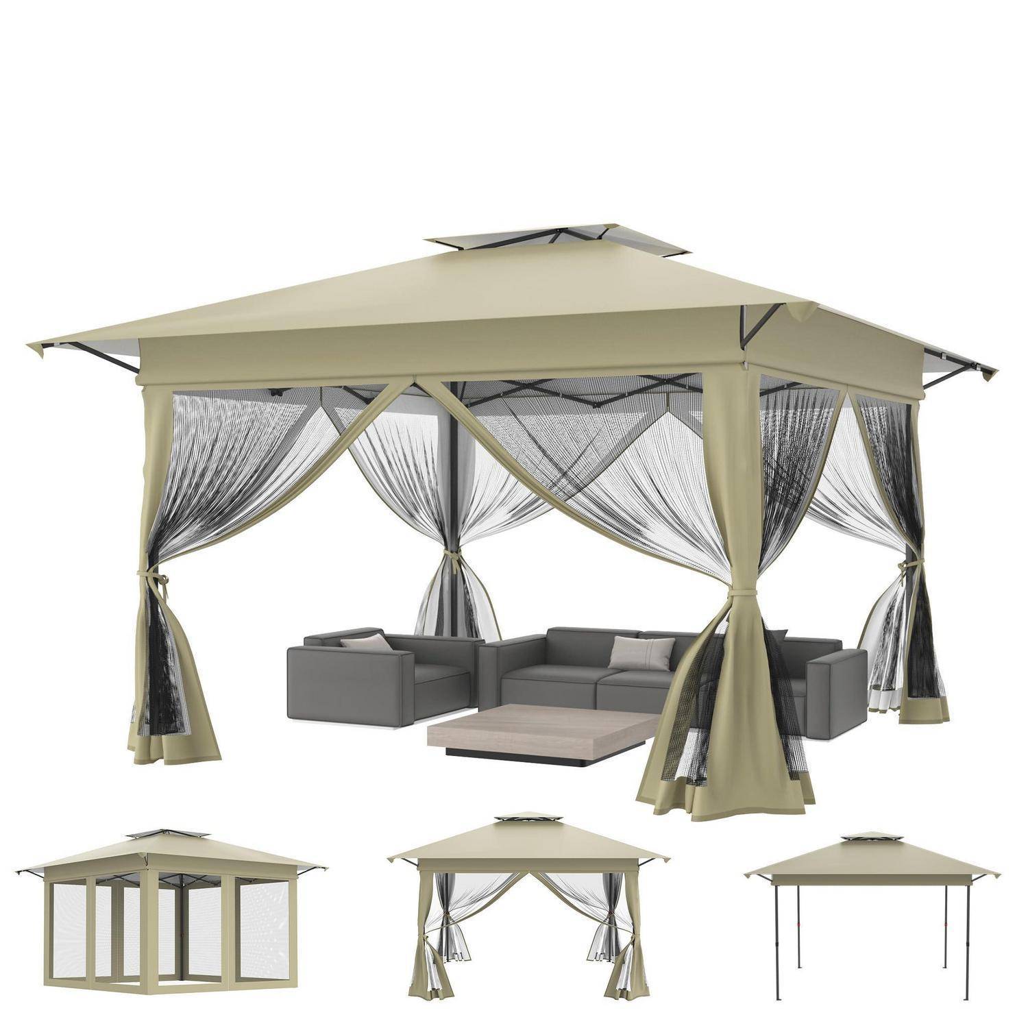 Collage eines beigen Outdoor-Pavillons mit durchsichtigen Vorhängen und grauem Terrassensitzbereich, plus kleinere Ansichten, die eingeschlossene und offene Versionen des gleichen Baldachins zeigen.