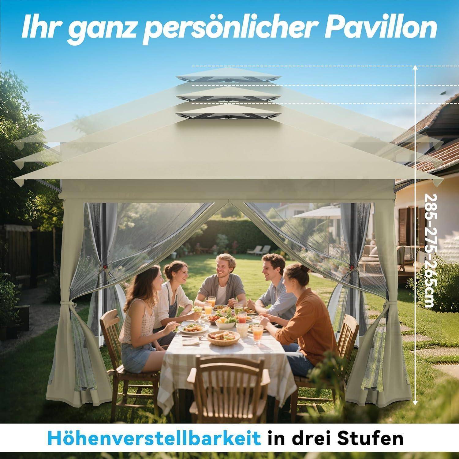 Werbebild eines höhenverstellbaren Pavillons, der fünf Menschen beim Essen im Freien schützt; der Text lautet „Ihr ganz persönlicher Pavillon" und „Höhenverstellbarkeit in drei Stufen"" mit einer Höhenspanne von 285–275–265 cm.