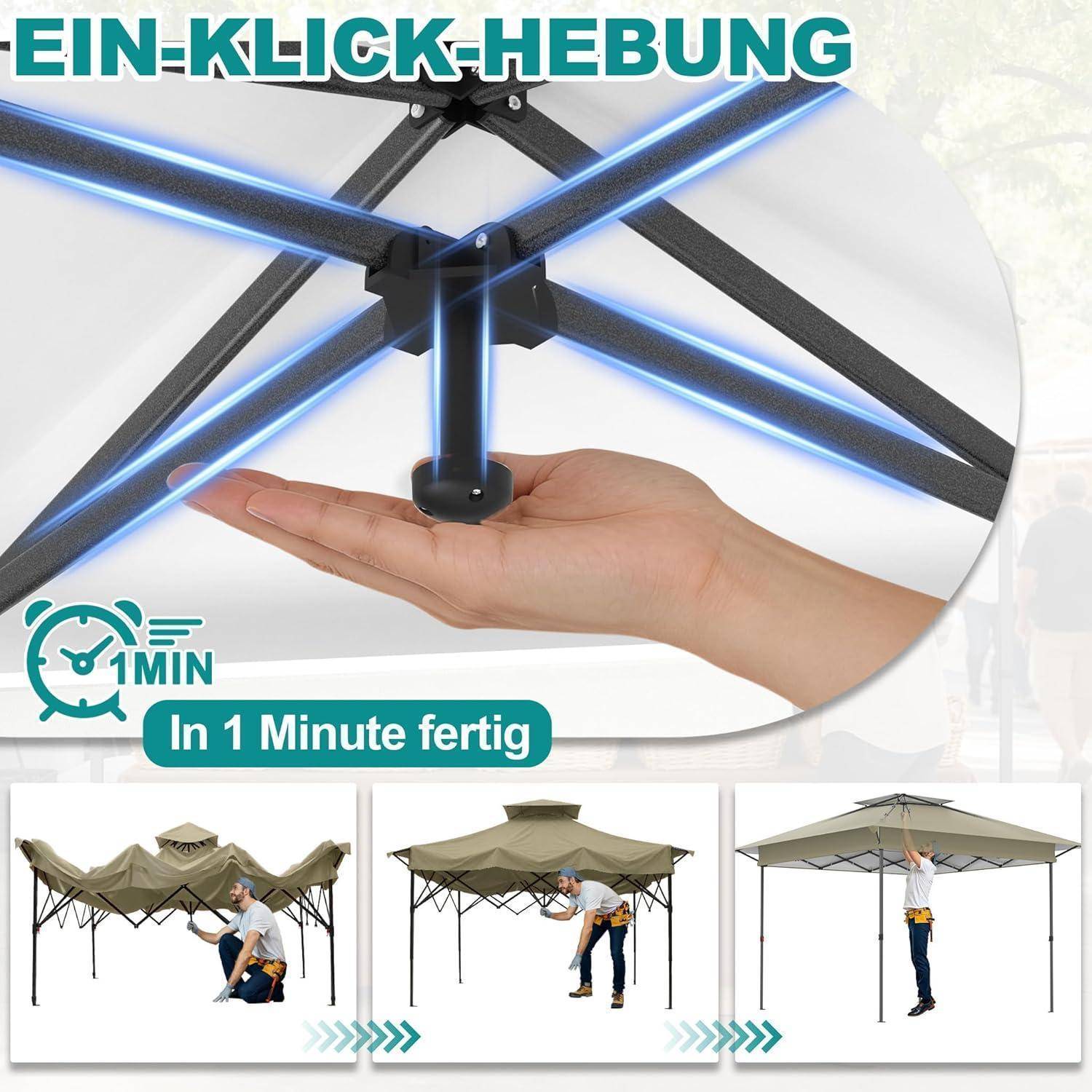 Aufun Gartenpavillon Pop Up Pavillon 4x4m, UV-Schutz &amp; Mückenschutz, Stabiler Faltpavillon Höhenverstellbar, Gartenzelt mit 4 Moskitonetz-Seitenteil