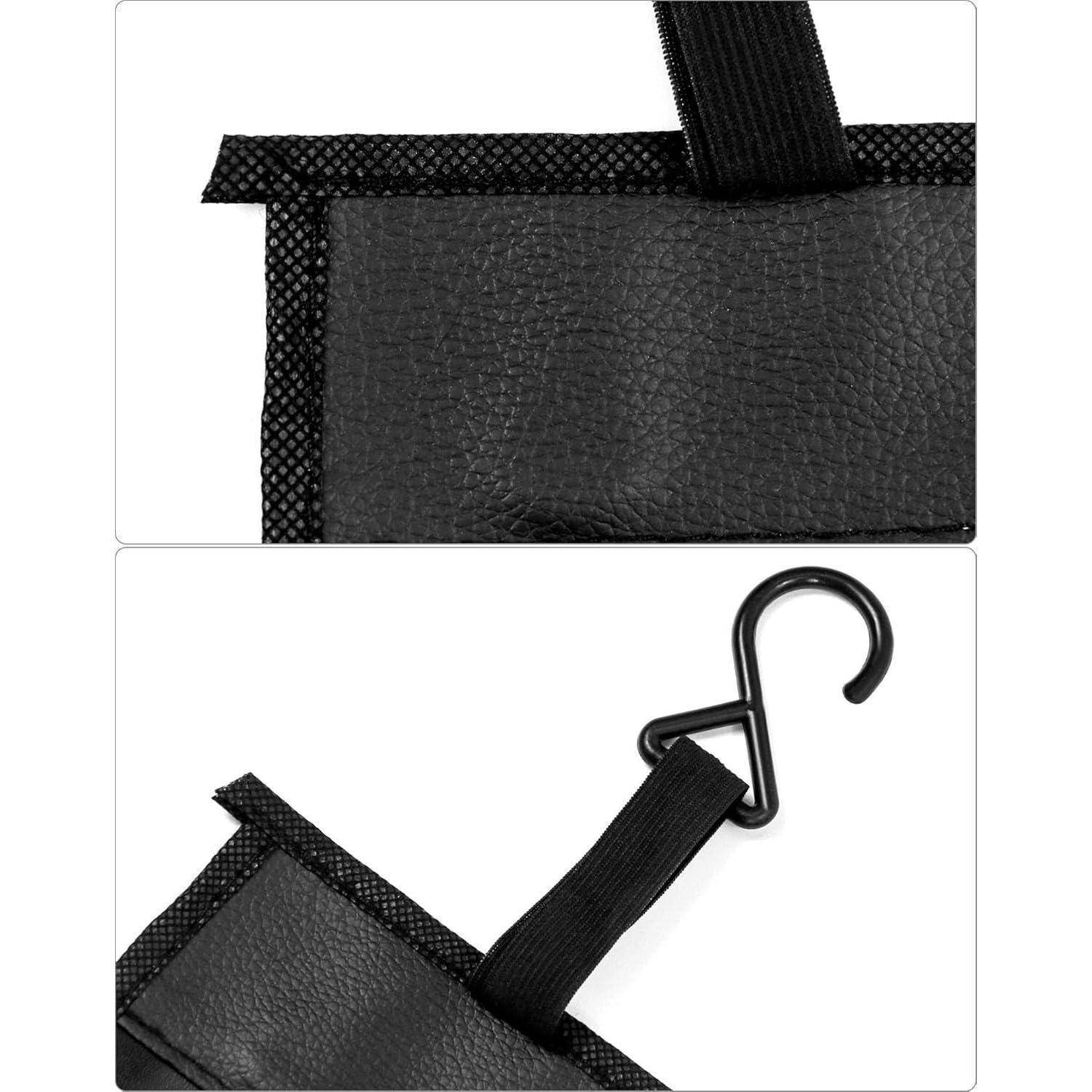 Nahaufnahme einer schwarzen strukturierten Tasche oder eines Beutels mit Gewebeband und Metallhakenbefestigung, von zwei Winkeln auf weißem Hintergrund gezeigt.
