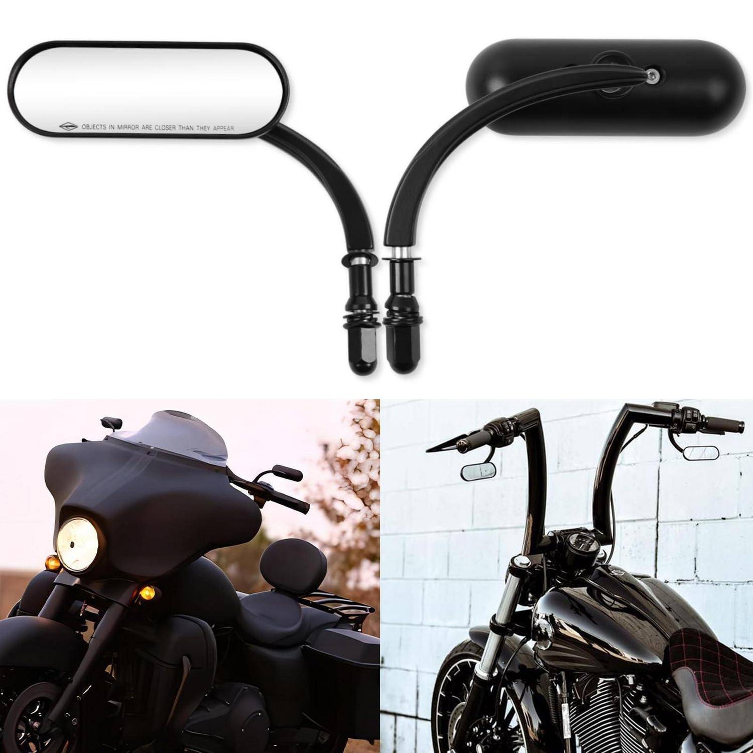 Schwarze Motorrad-Rückspiegel dargestellt mit einem Motorrad unten, die die auf benutzerdefinierten Lenkern installierten Spiegel zeigen.