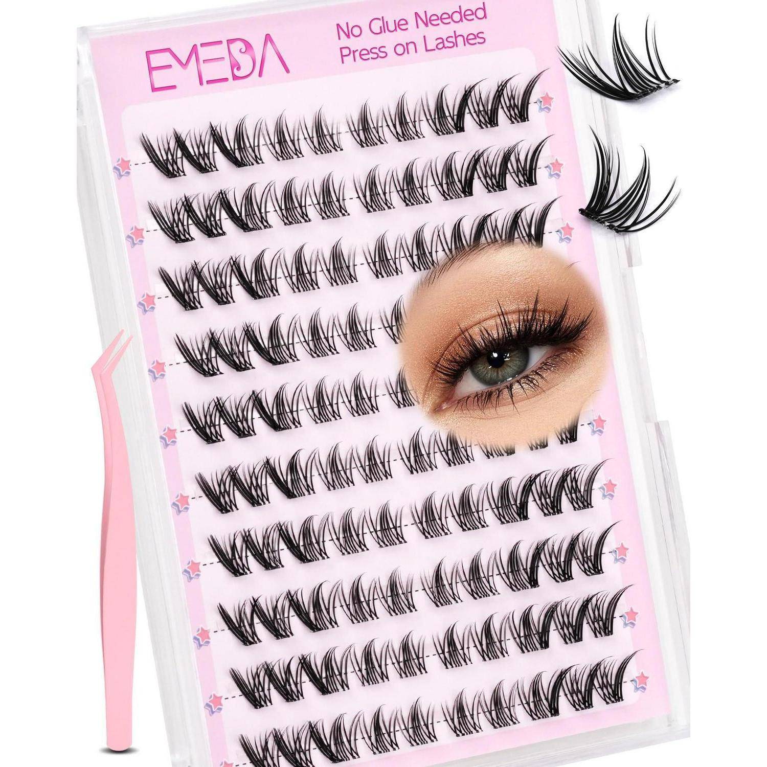 Rosa Packung mit falschen magnetischen Wimpern mit Pinzette und Nahaufnahme des Auges, die zeigt, dass die Wimpern ohne Klebstoff angebracht werden können.