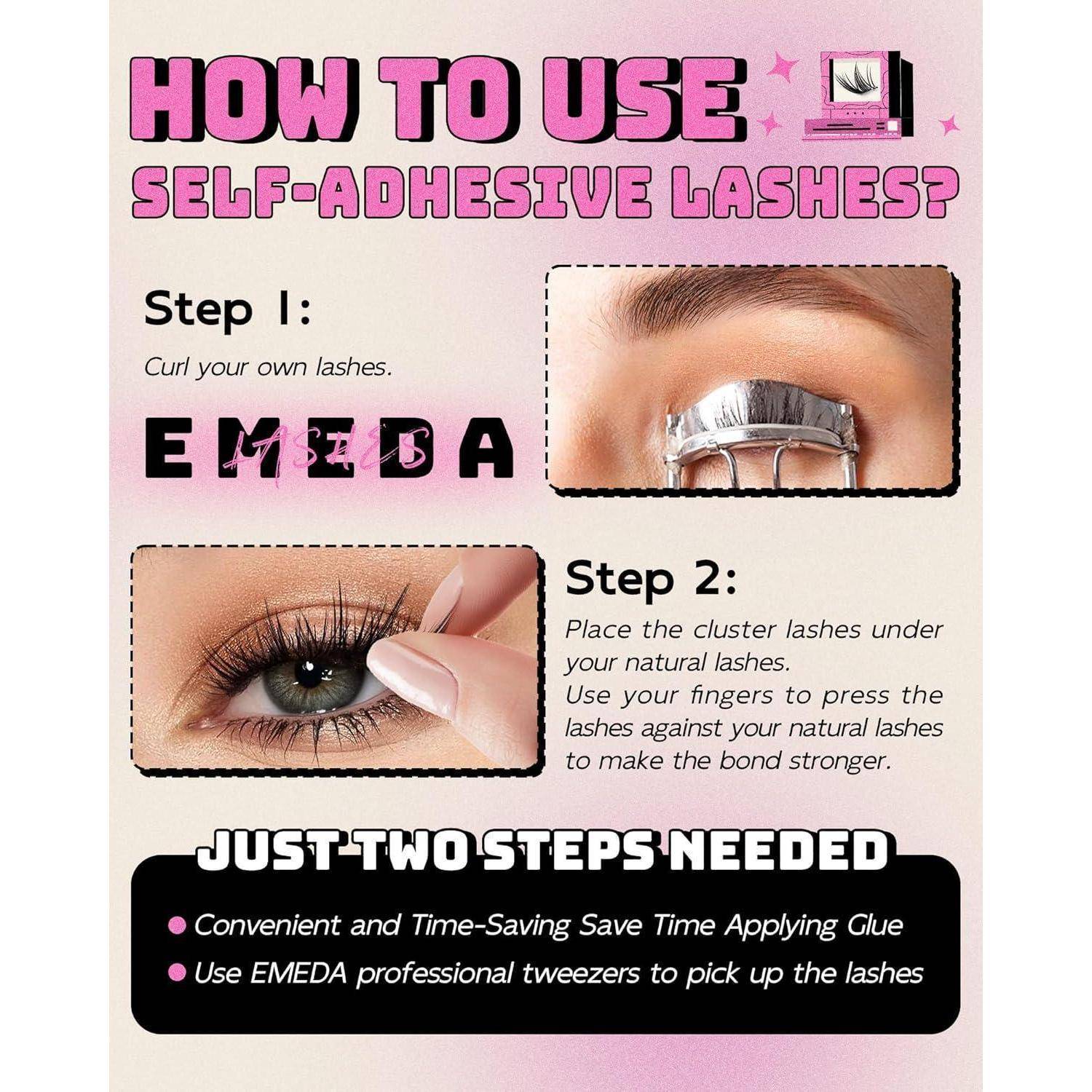 Anleitung zum Anbringen von selbstklebenden Wimpern mit Schritt 1 zum Kräuseln der natürlichen Wimpern und Schritt 2 zum Platzieren von Wimpernbüscheln darunter mit einer Pinzette.