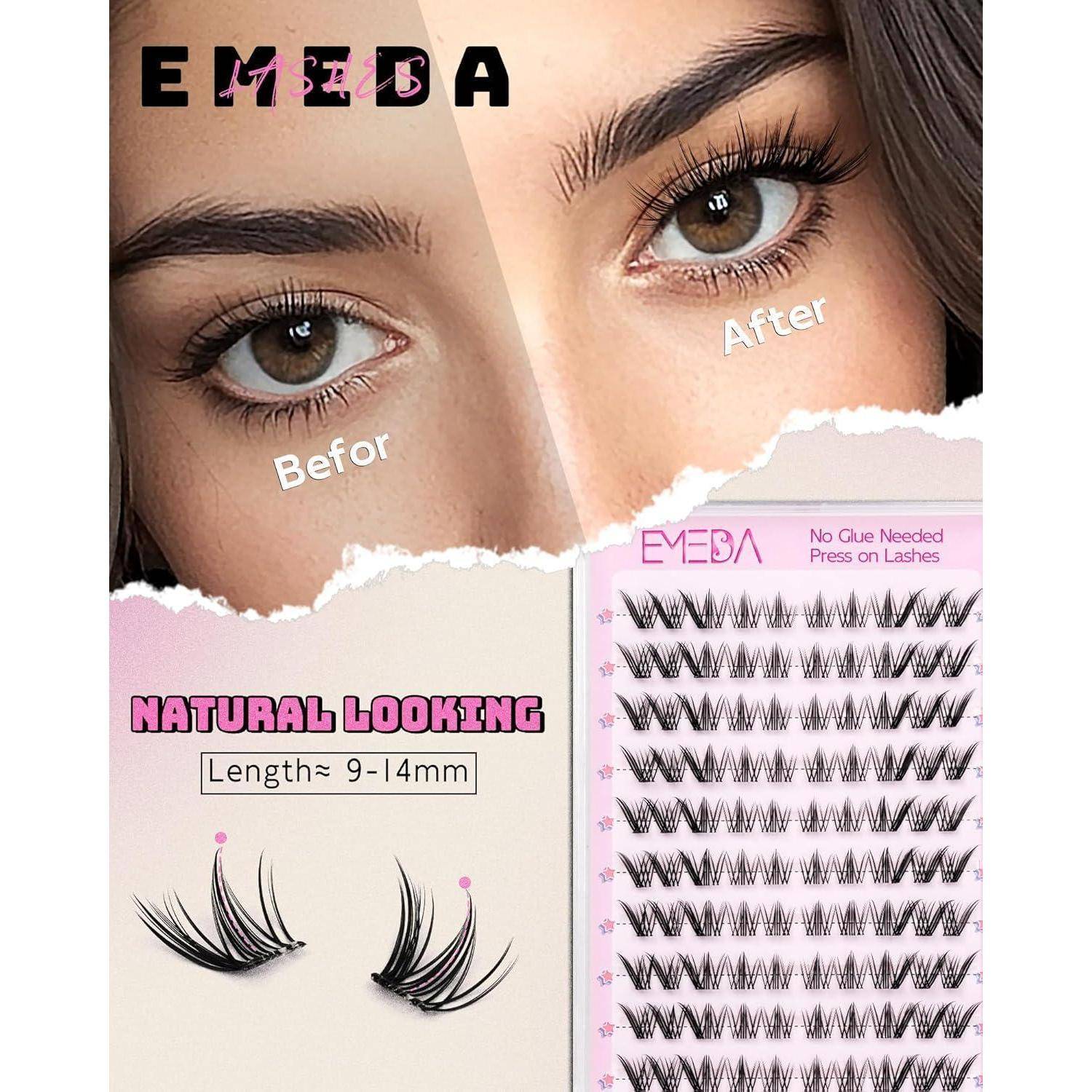 Werbebild mit Vorher-Nachher-Nahaufnahmen von Augen mit längeren Wimpern, plus ein Wimpernpalette mit der Aufschrift „Kein Kleber erforderlich Zum Aufdrücken von Wimpern