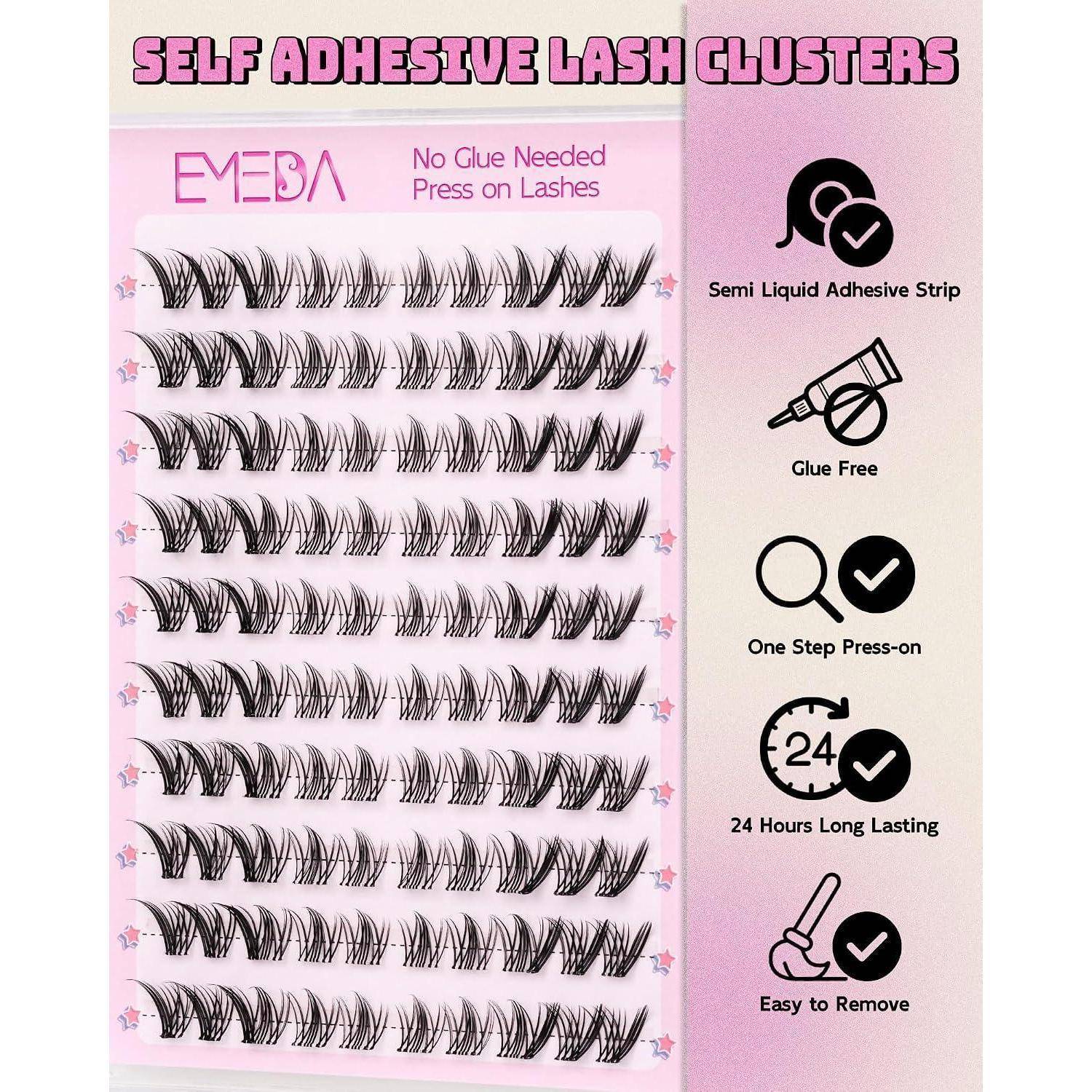 Packung mit selbstklebenden Wimpernbüscheln mit den Aussagen „Kein Kleber erforderlich