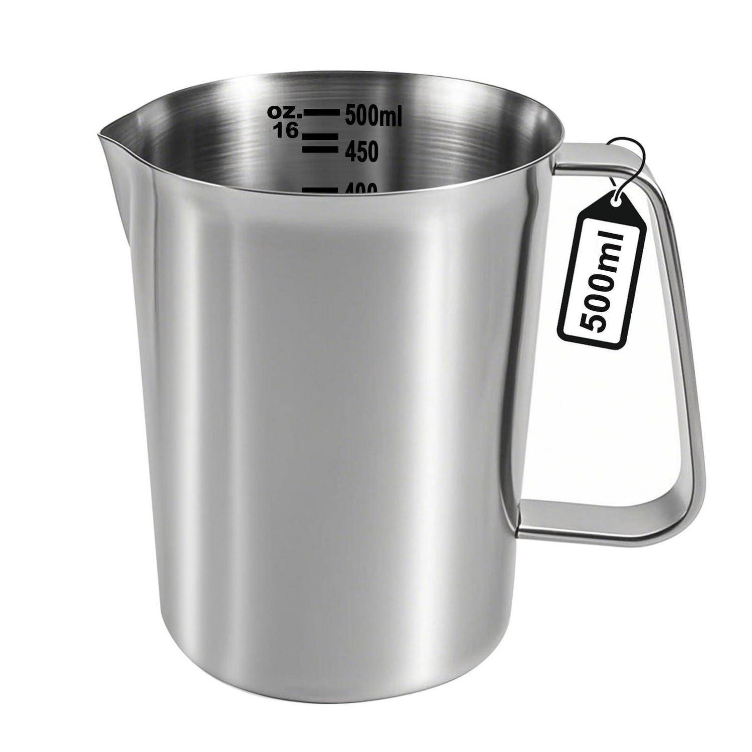 Messbecher aus Edelstahl mit Griff, gekennzeichnet bis 500 ml und 16 oz.