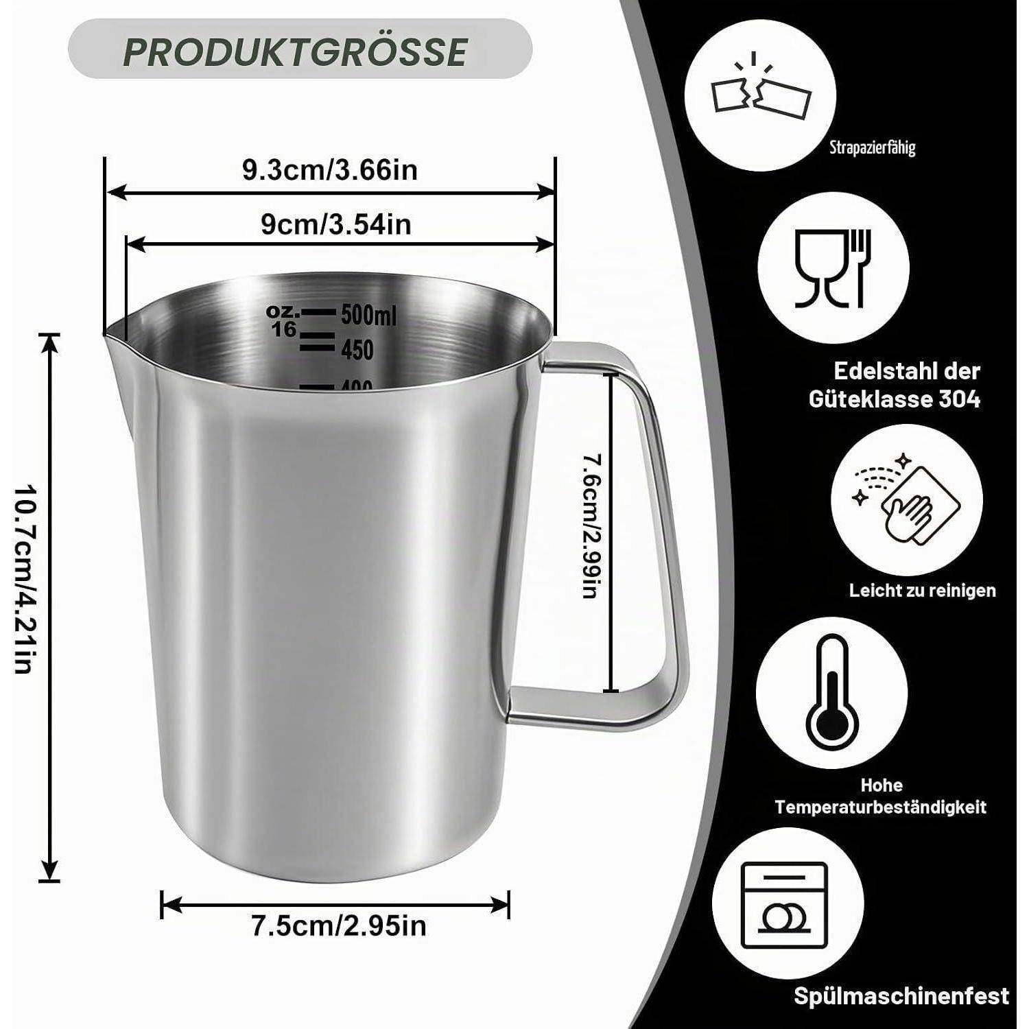 Messbecher aus Edelstahl mit Griff, zeigt Abmessungen von 500 ml Fassungsvermögen, 10,7 cm Höhe, 9,3 cm Breite und Symbole für langlebig, leicht zu reinigen, hitzebeständig, spülmaschinenfest.